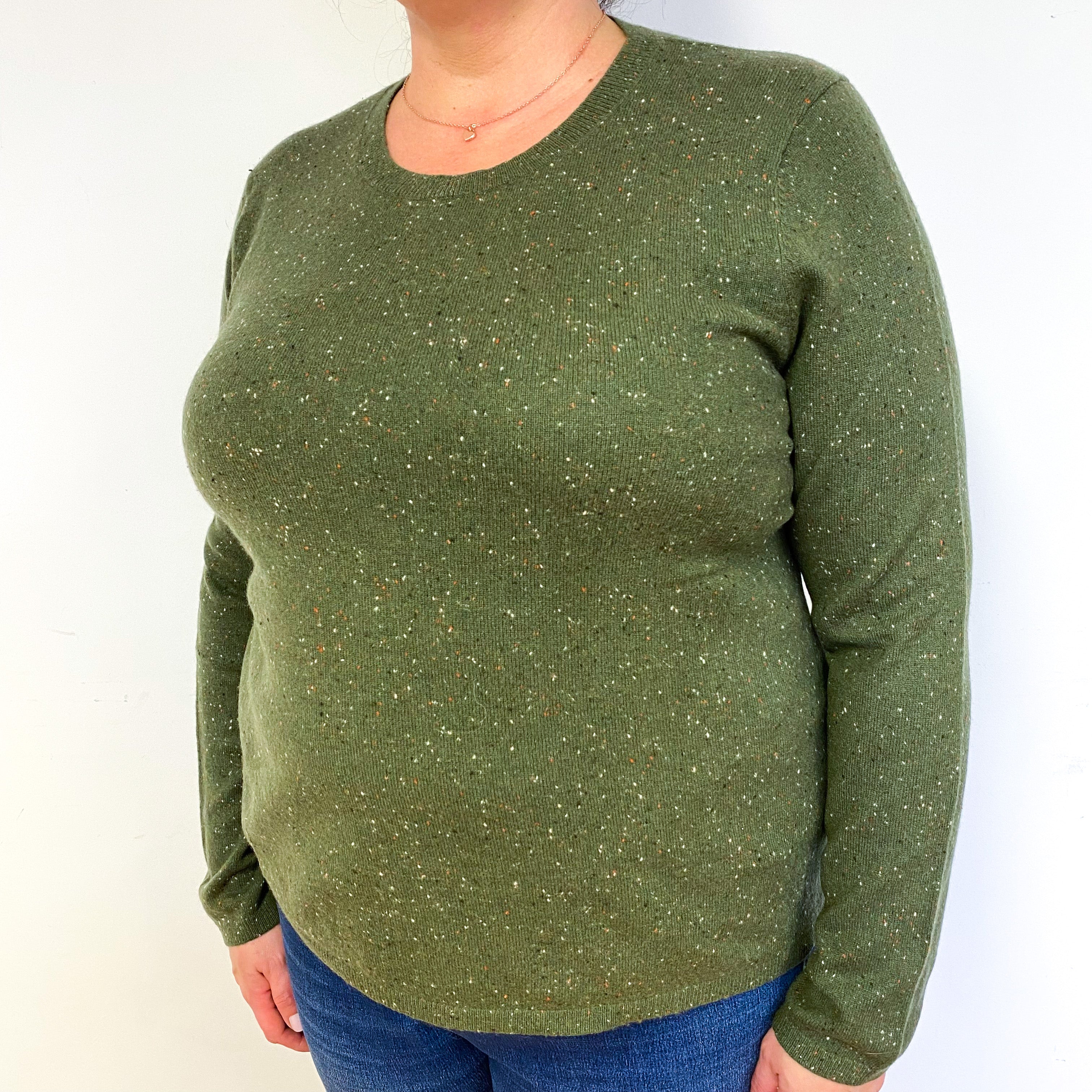 Olive Green Flecked Cashmere Crew Neck Jumper Extra Large