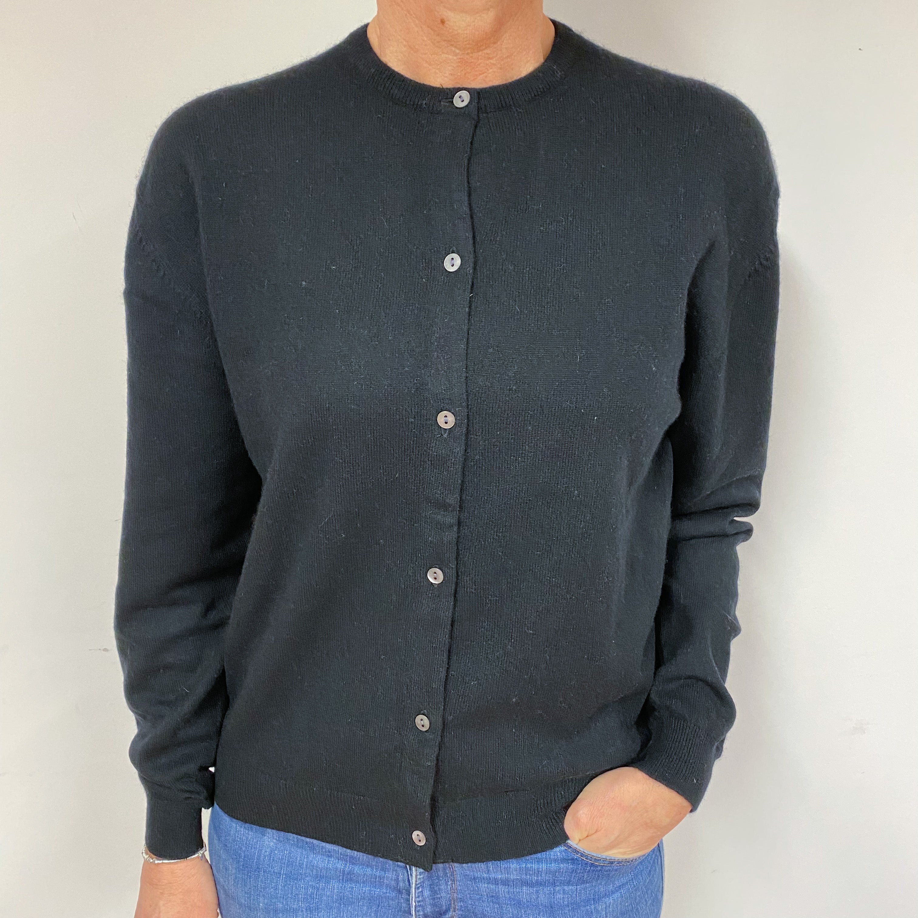 Black Cashmere Crew Neck Cardigan Medium