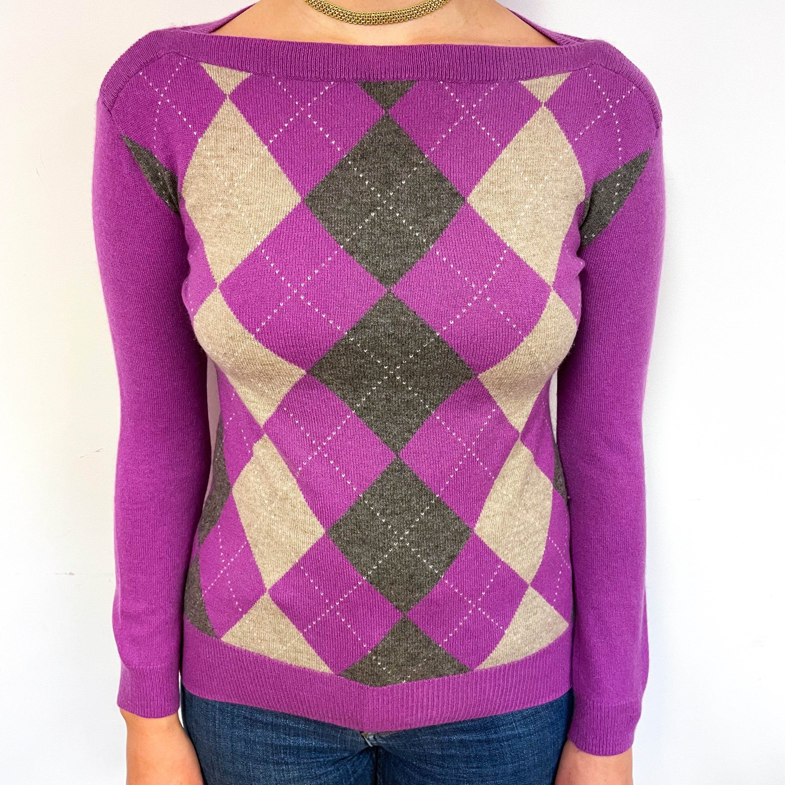 Loganberry Purple Argyle Cashmere Boat Neck Jumper Small