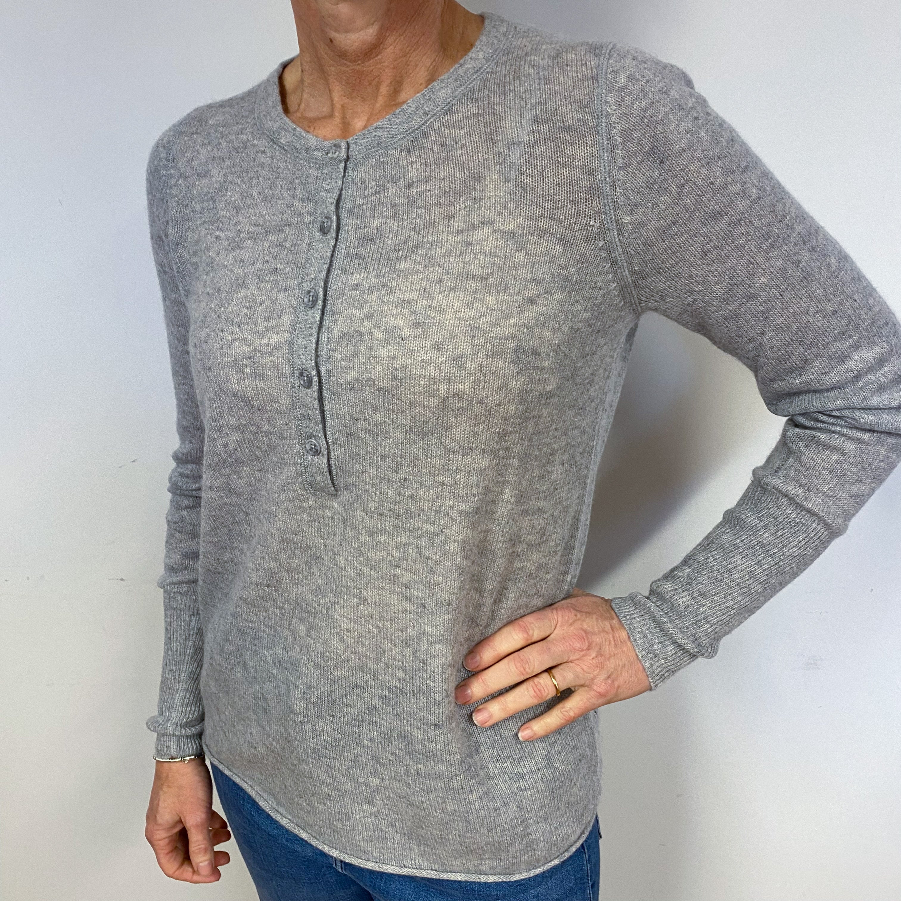 Pale Grey Lightweight Cashmere Button Crew Neck Jumper Medium
