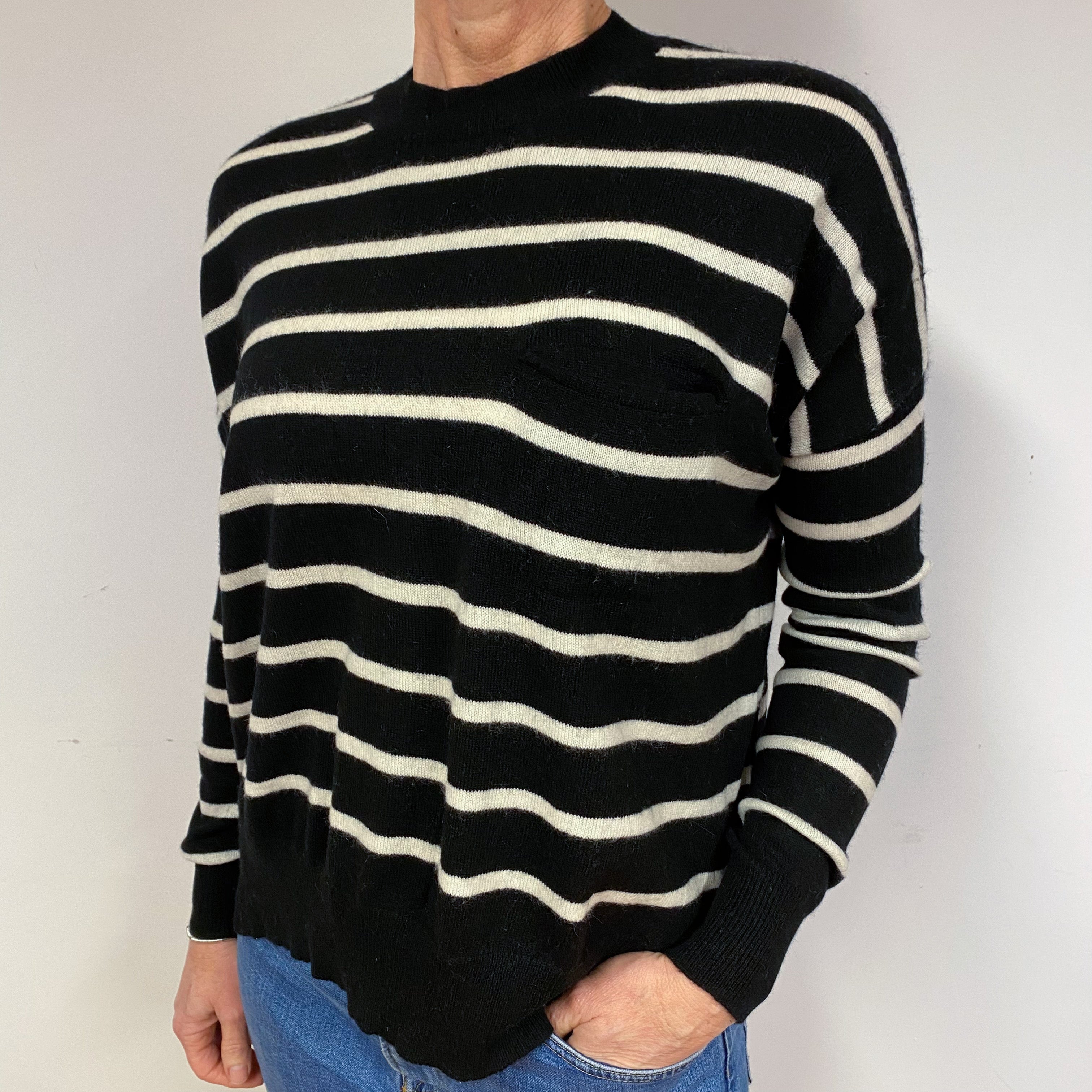 Slouchy Black Stripe Cashmere Crew Neck Jumper Medium