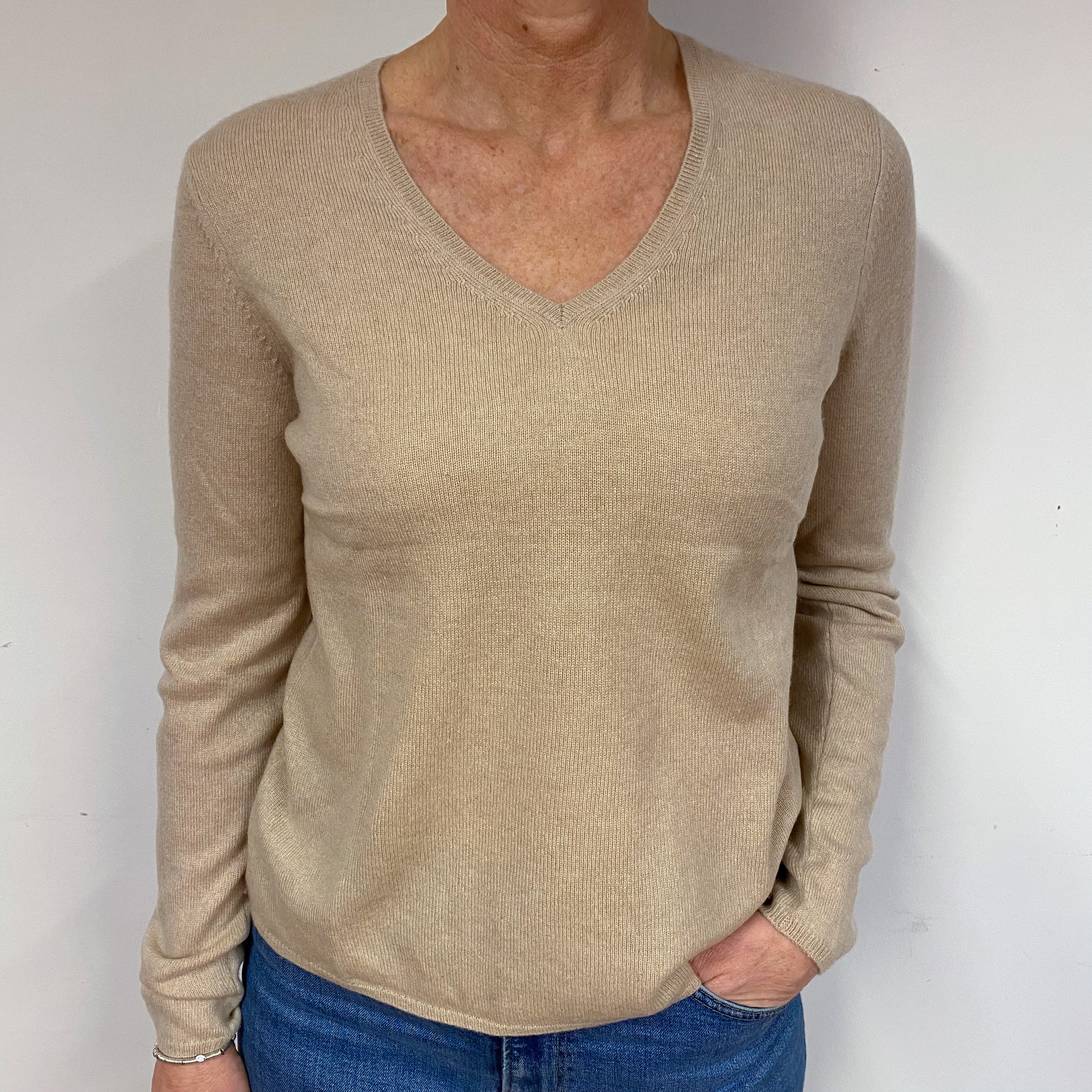 Fawn Beige Cashmere V-Neck Jumper Medium
