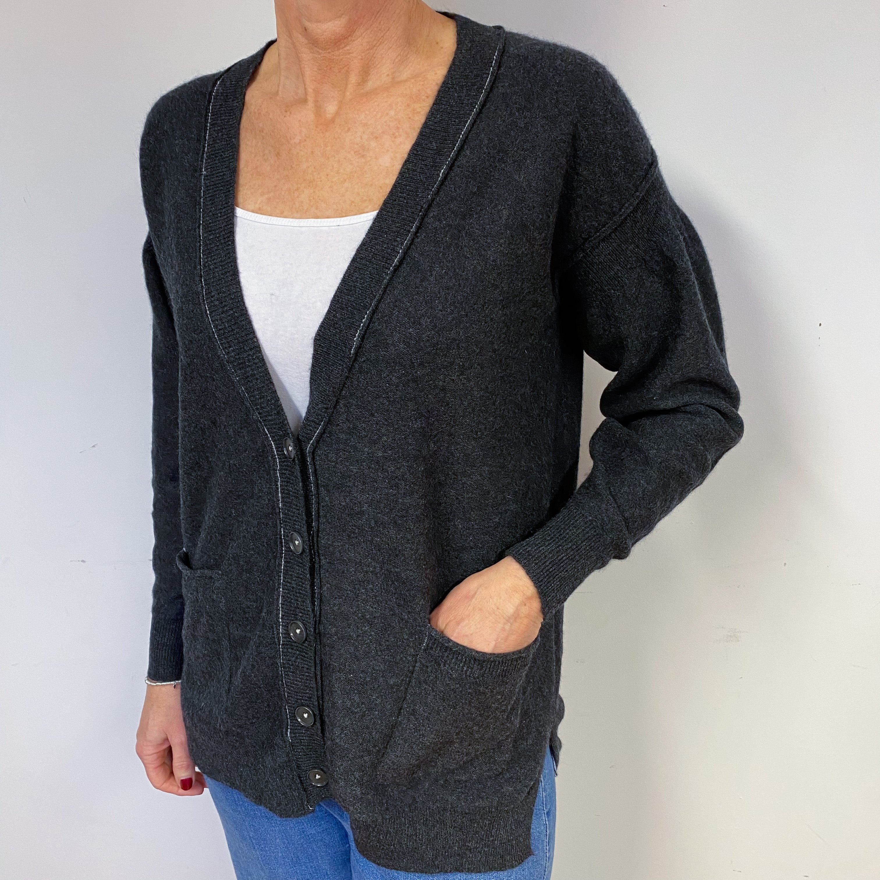 Charcoal Grey Cashmere V-Neck Cardigan Medium