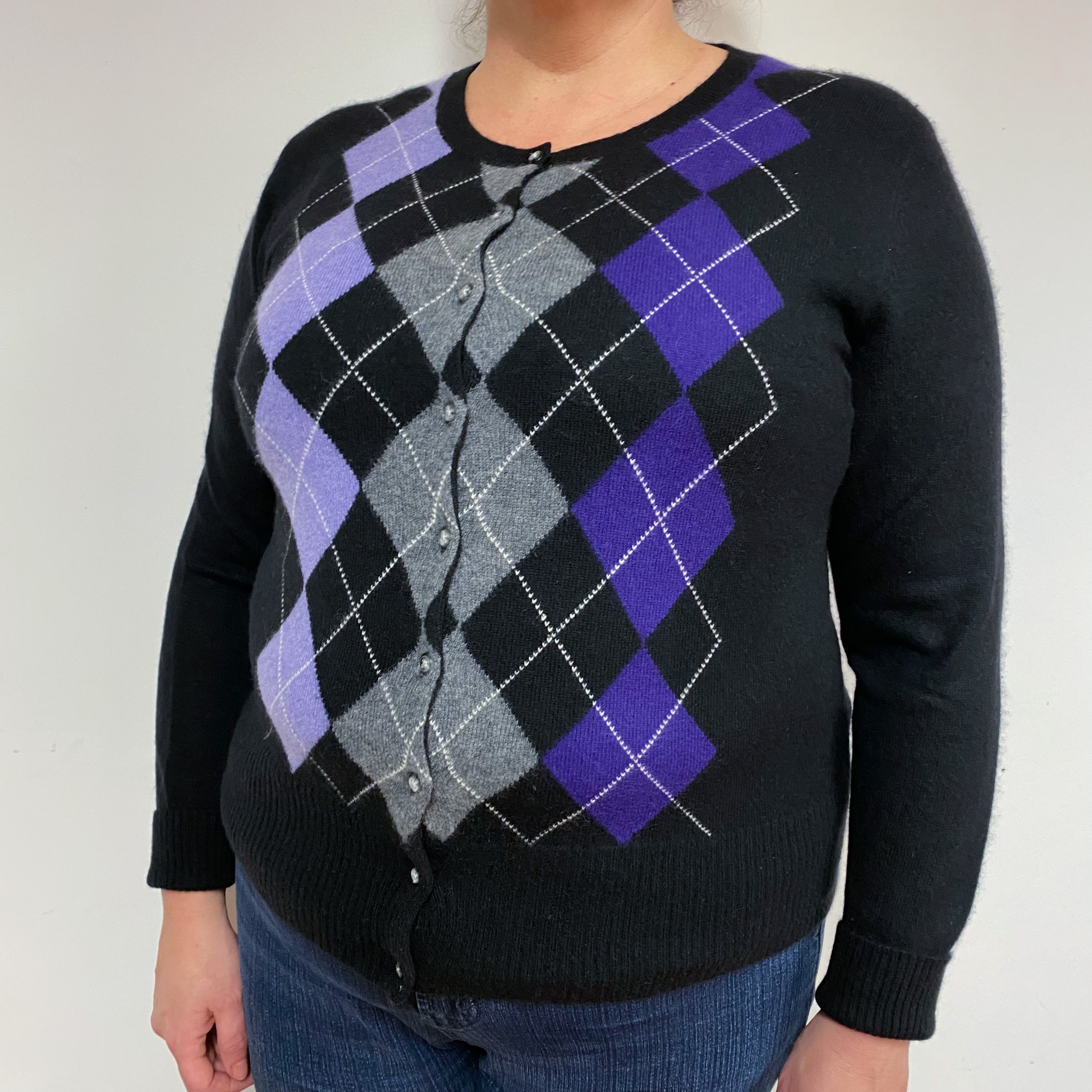Black Purple Grey Cashmere Crew Neck Cardigan X Large
