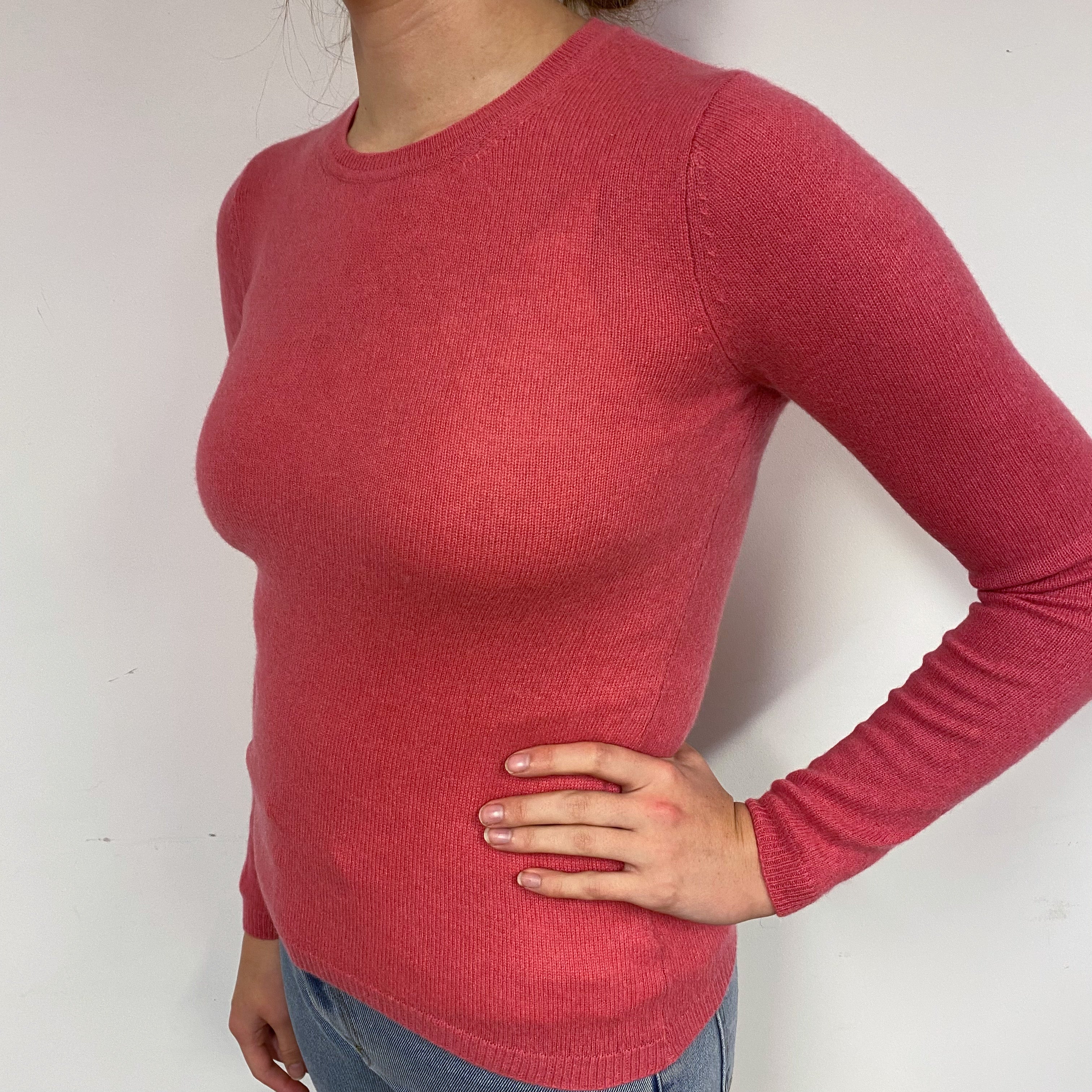 Deep Coral Pink Cashmere Crew Neck Jumper Small
