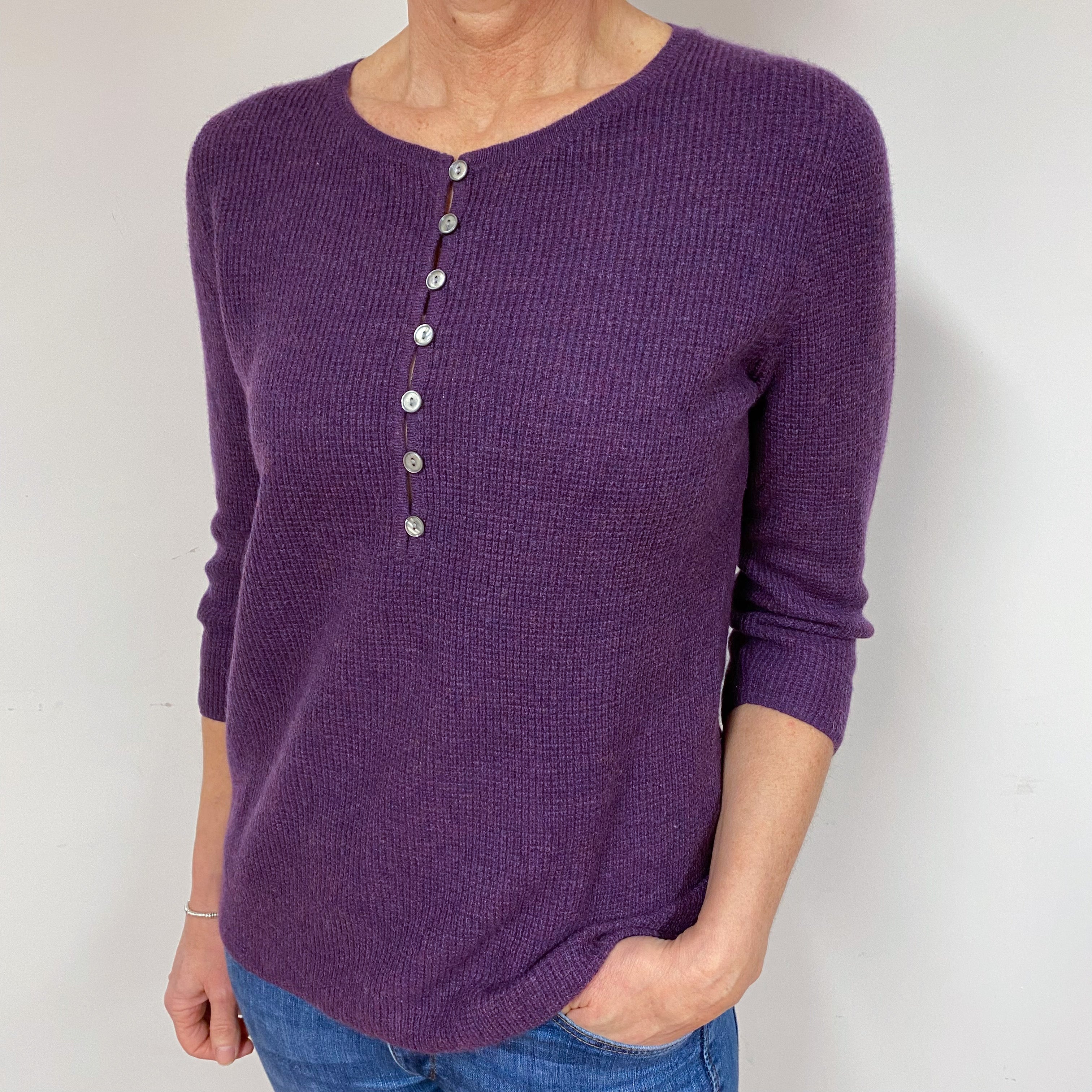 Grape Purple Waffle Cashmere Crew Neck Jumper Medium
