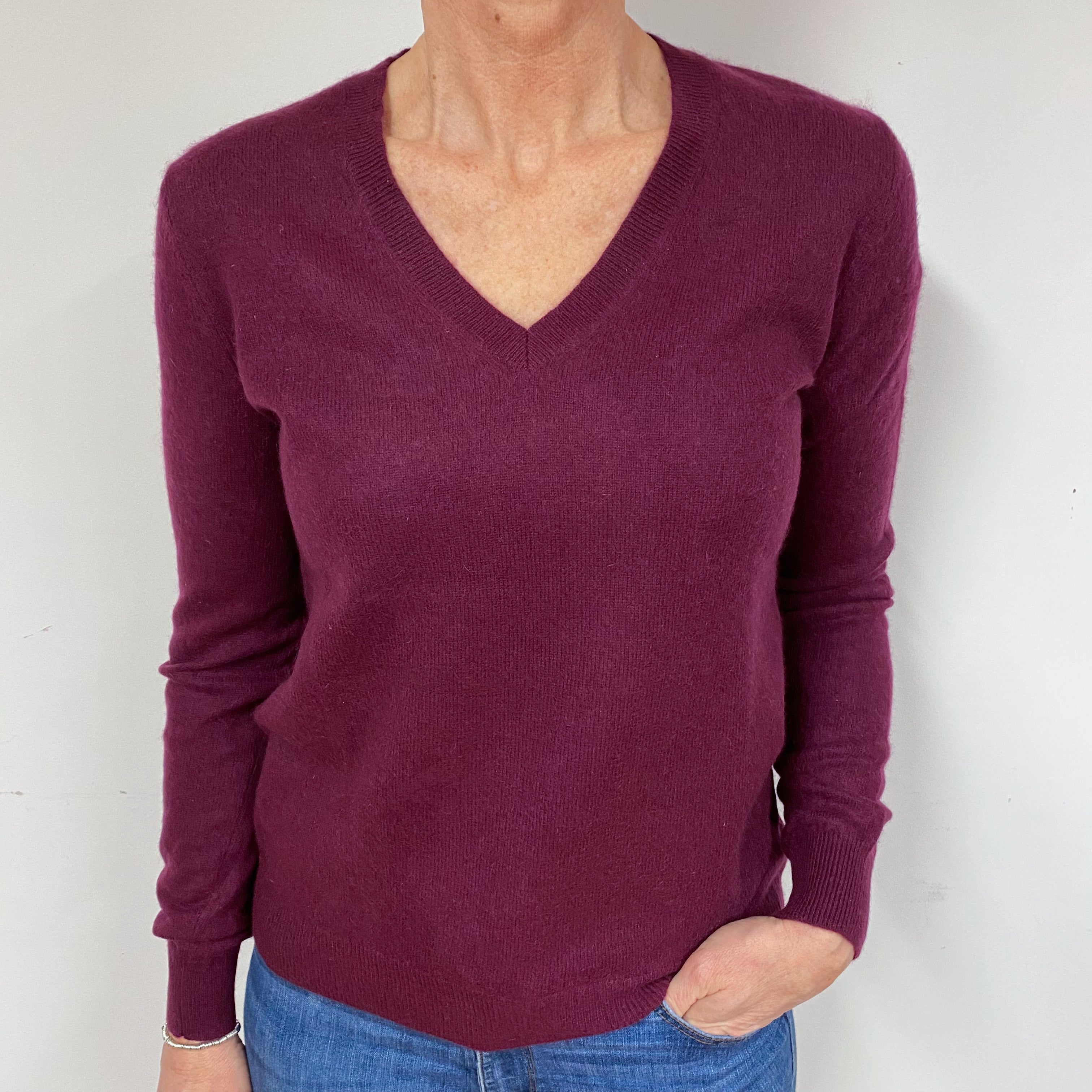 Mulberry Purple Cashmere V-Neck Jumper Medium