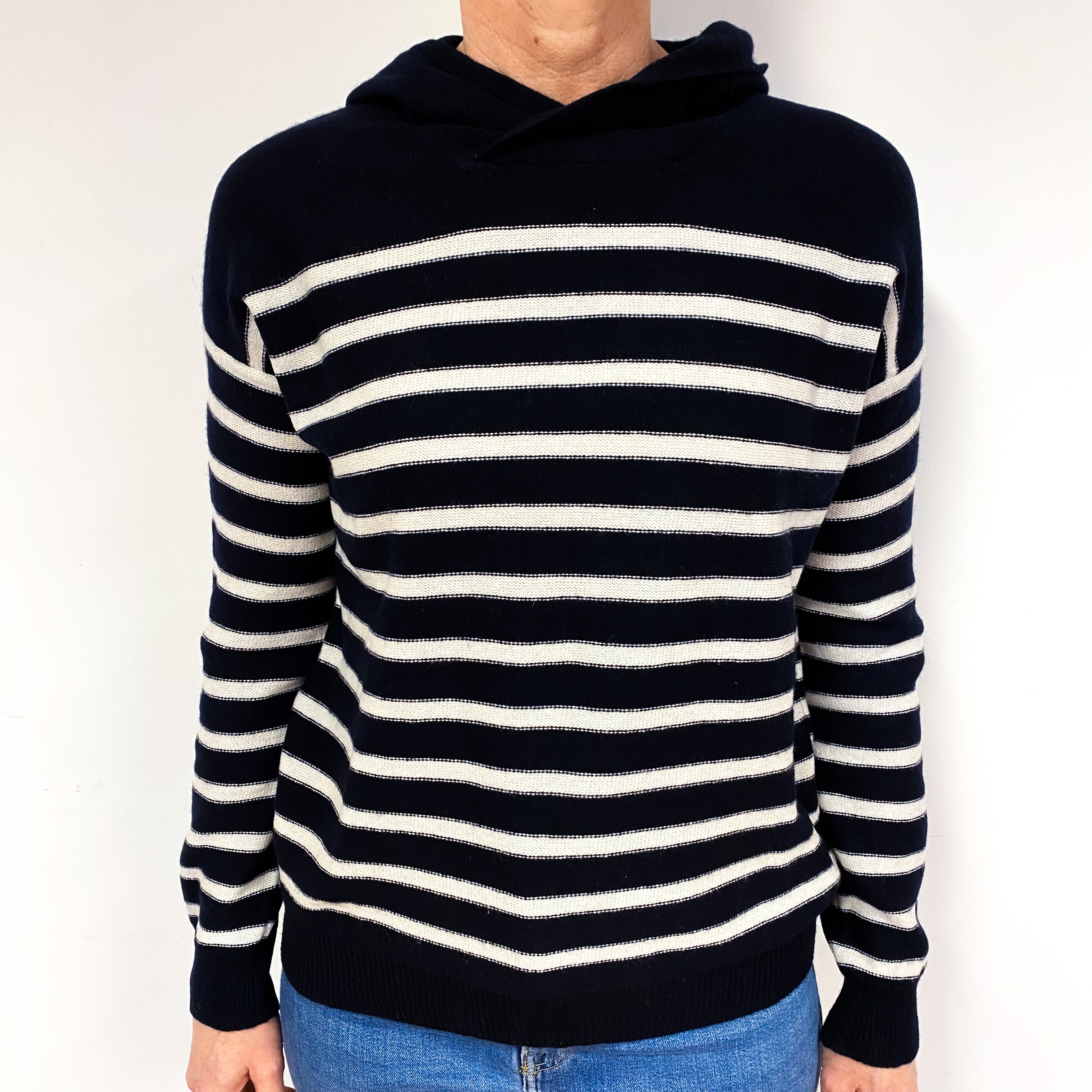 Vince Dark Navy Stripe Cashmere Hoodie Jumper Medium