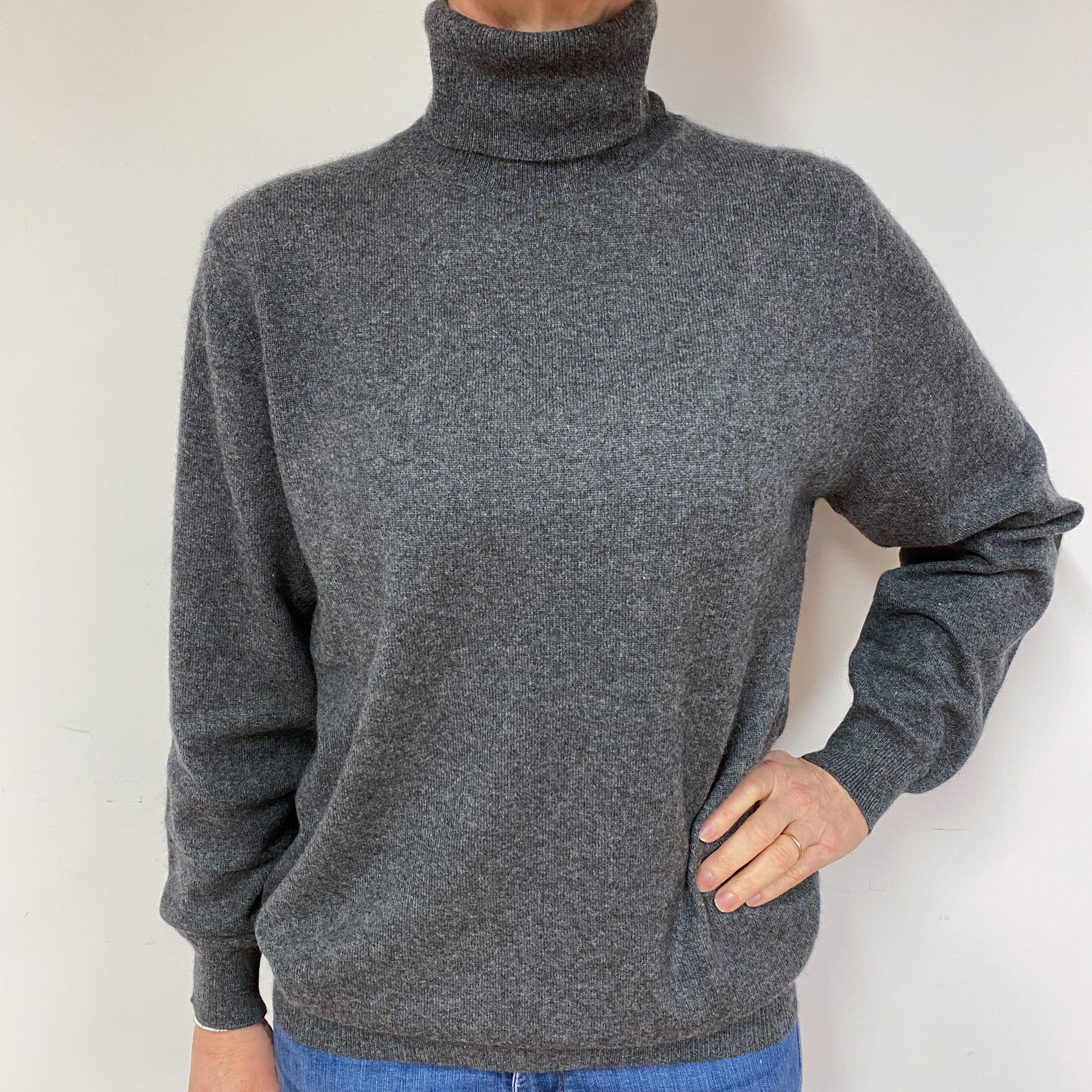 Slouchy Slate Grey Cashmere Polo Neck Jumper Medium