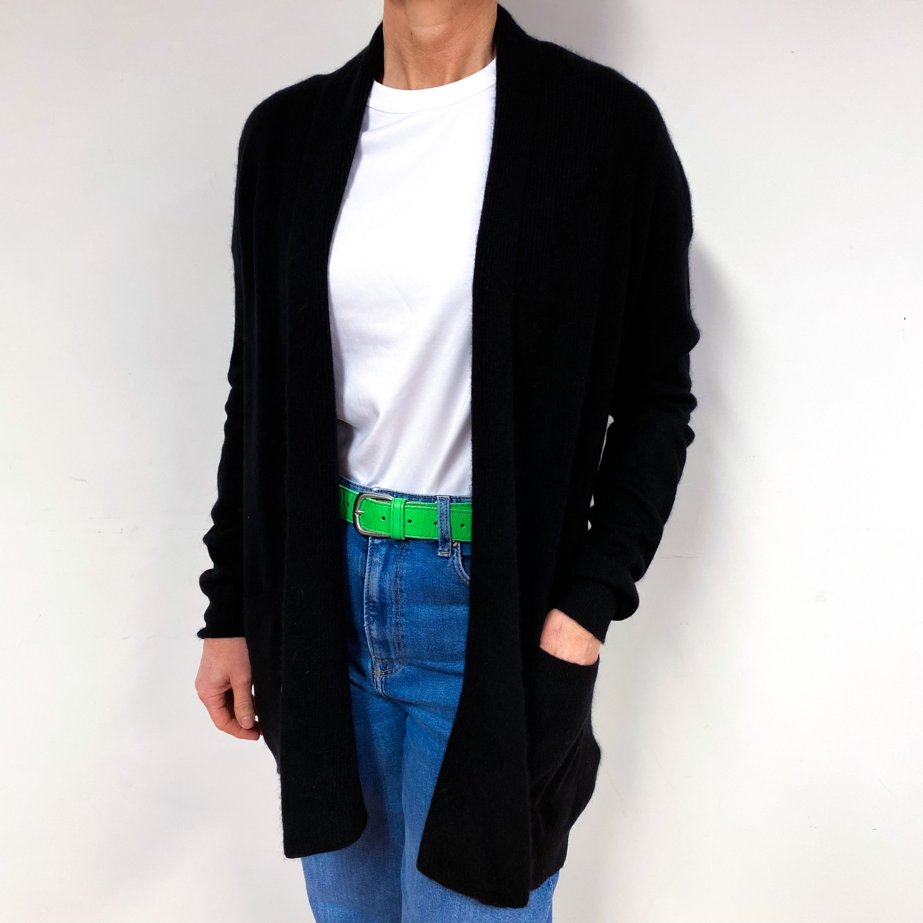 Long Black Cashmere Edge to Edge Cardigan Medium