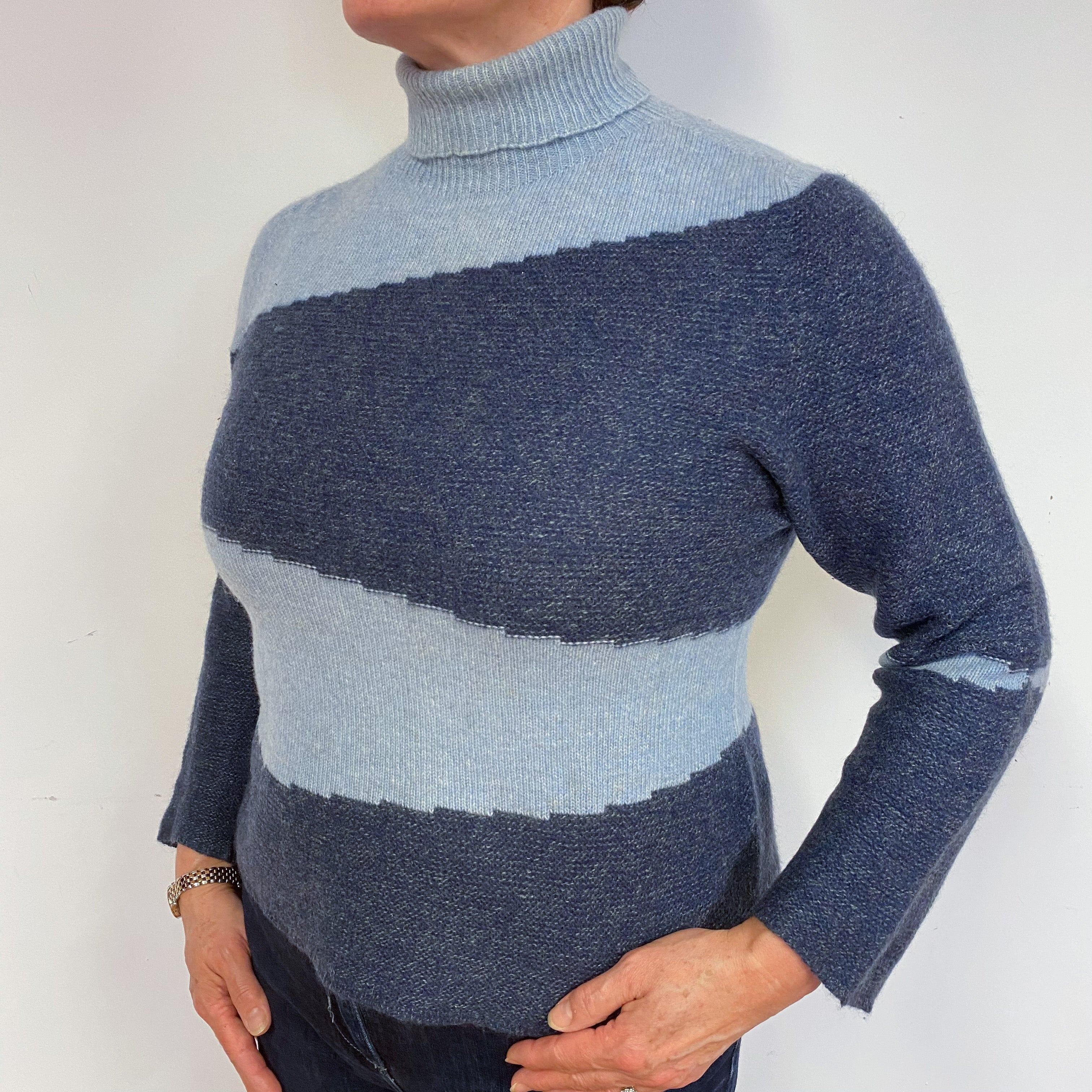 Blue Colour Block Cashmere Polo Neck Jumper Large