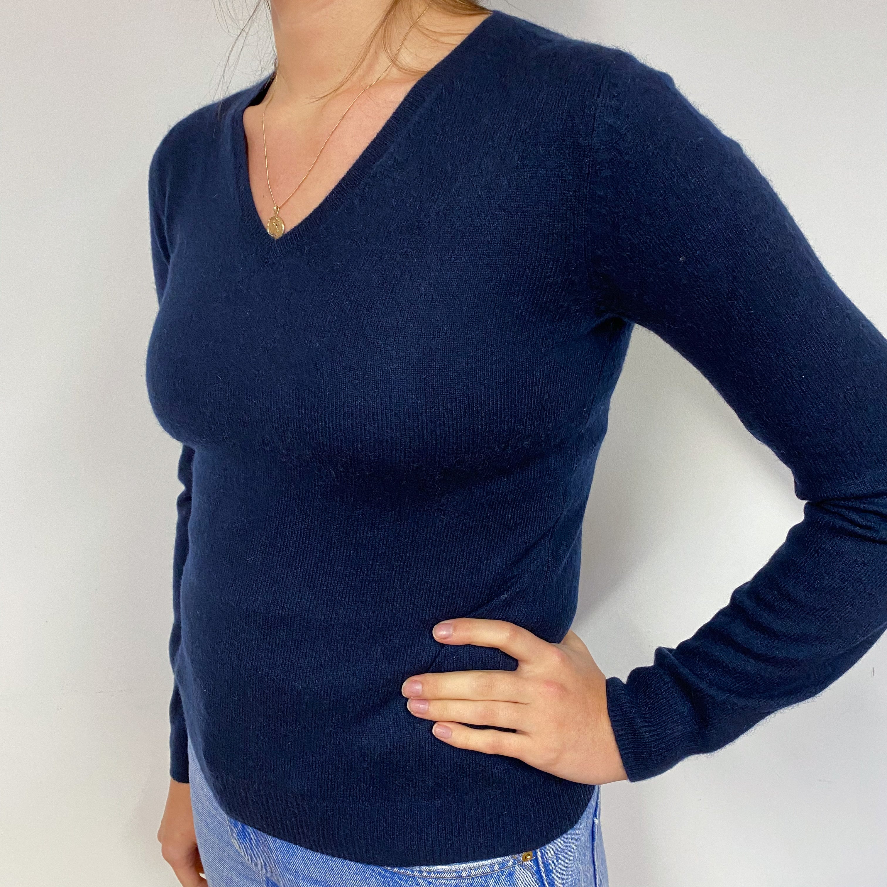 Navy Blue Cashmere V-Neck Jumper Small
