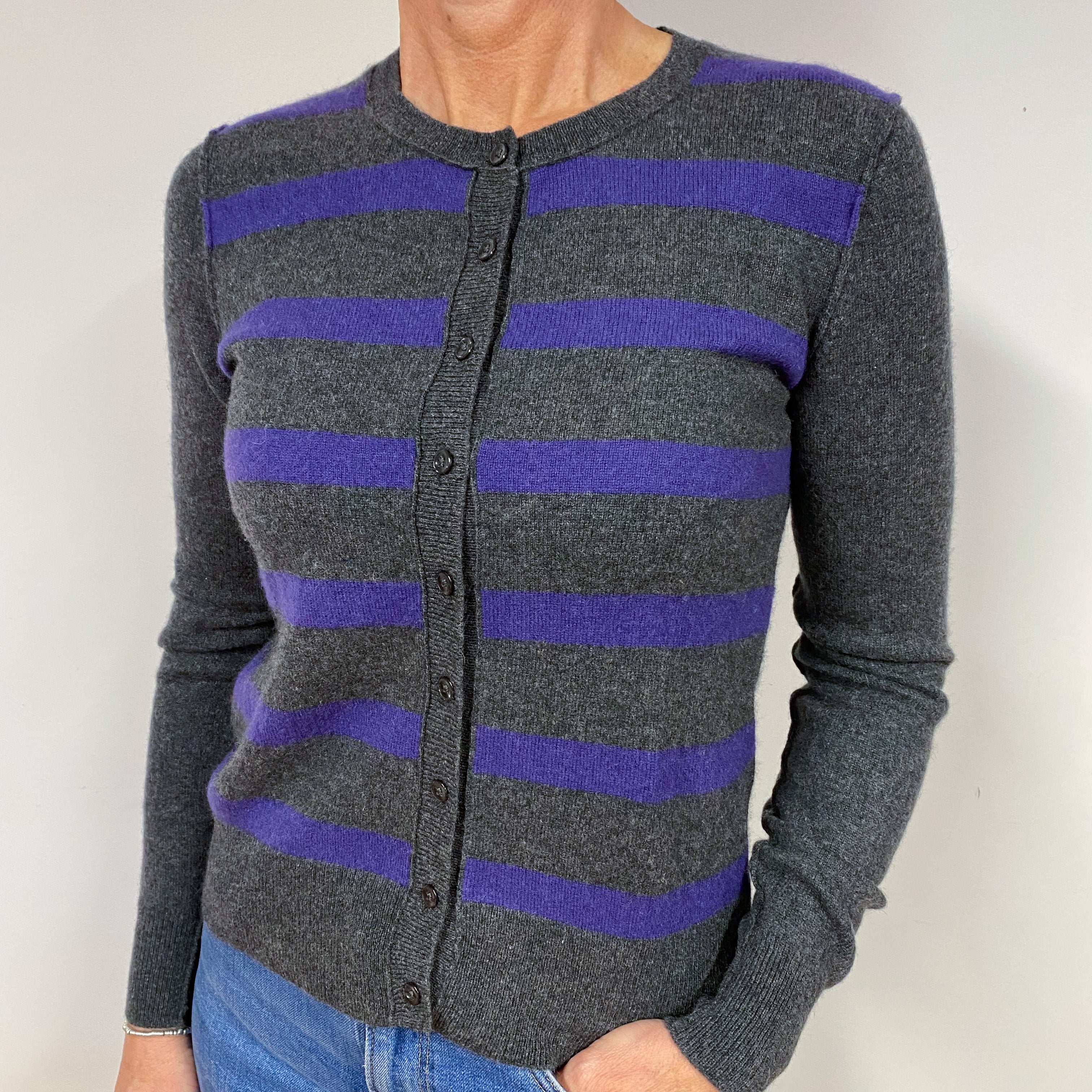 Slate Grey and Purple Stripe Cashmere Cardigan Medium