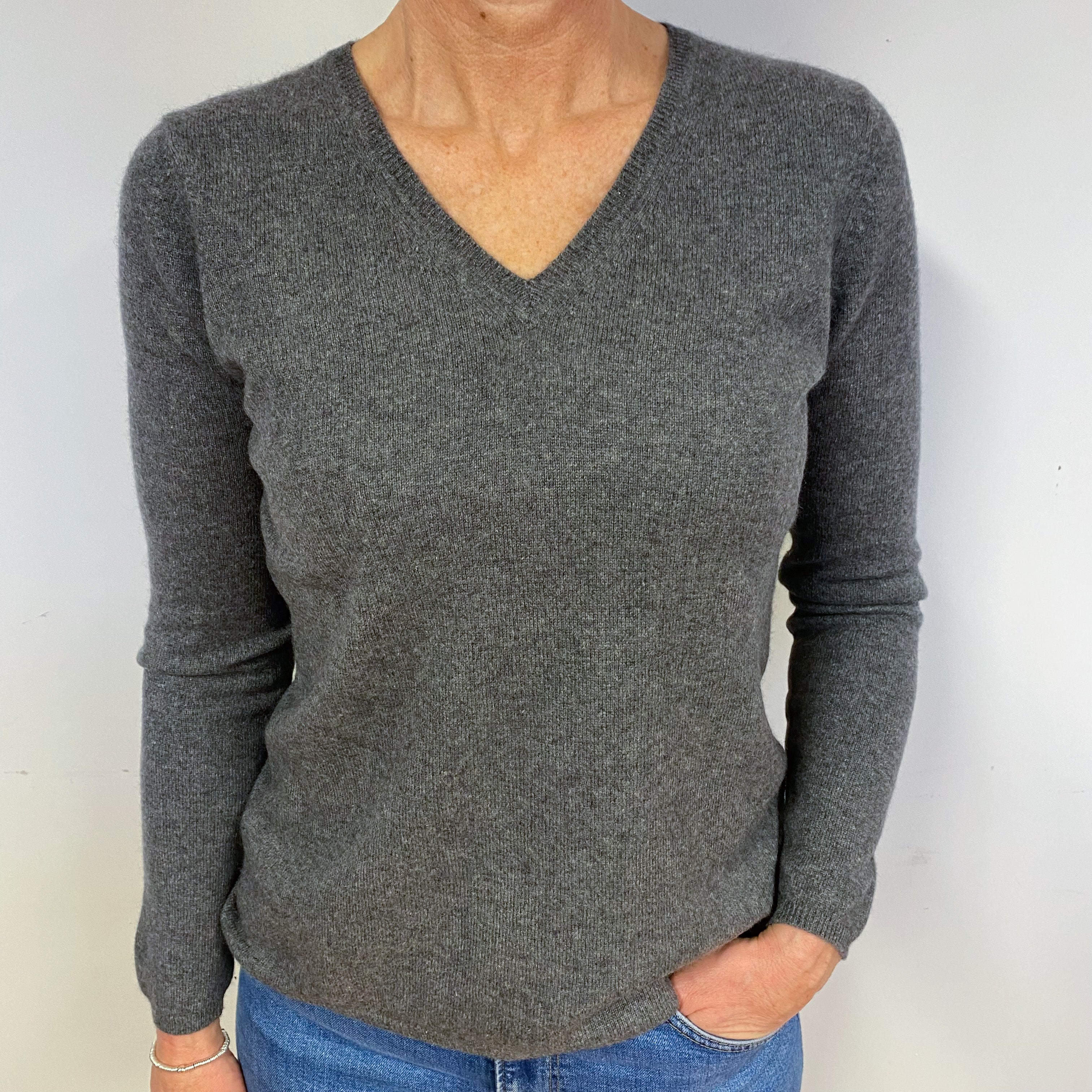 Slate Grey Cashmere V-Neck Jumper Medium