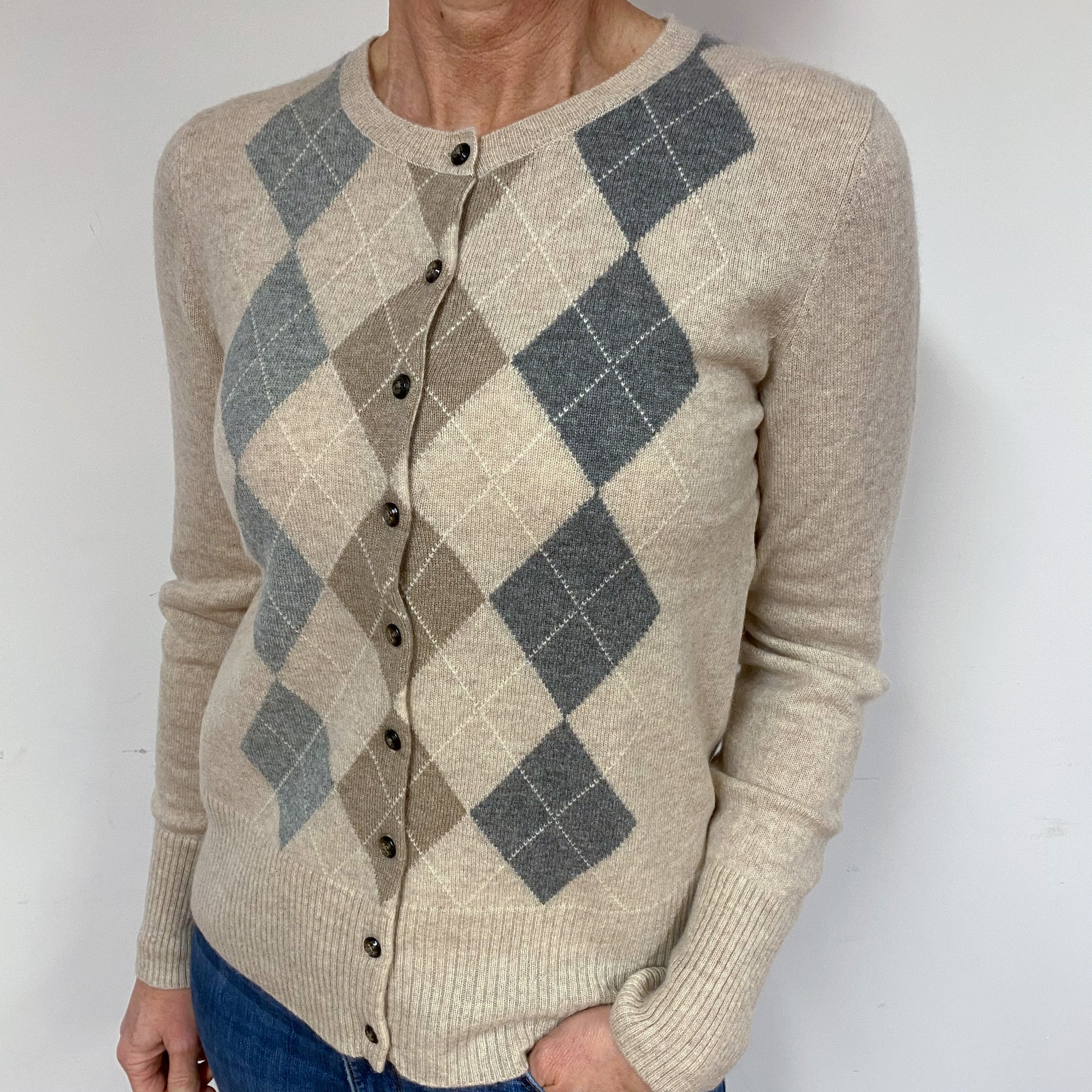 Oatmeal and Grey Argyle Cashmere Cardigan Medium