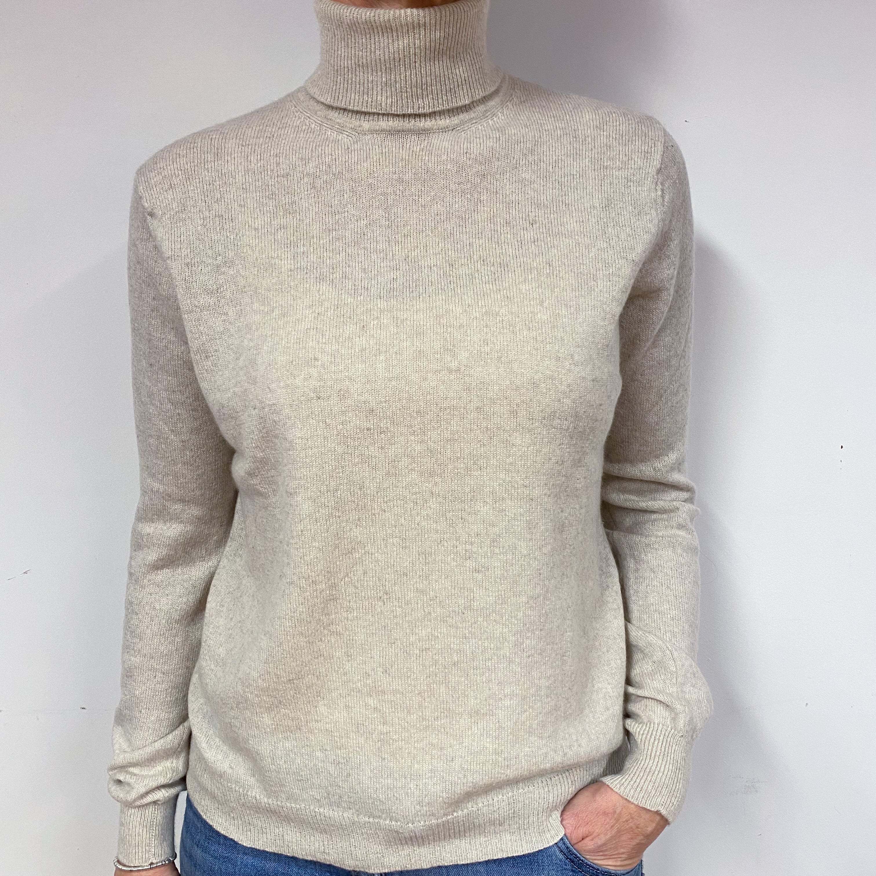 Oatmeal Beige Cashmere Polo Neck Jumper Medium