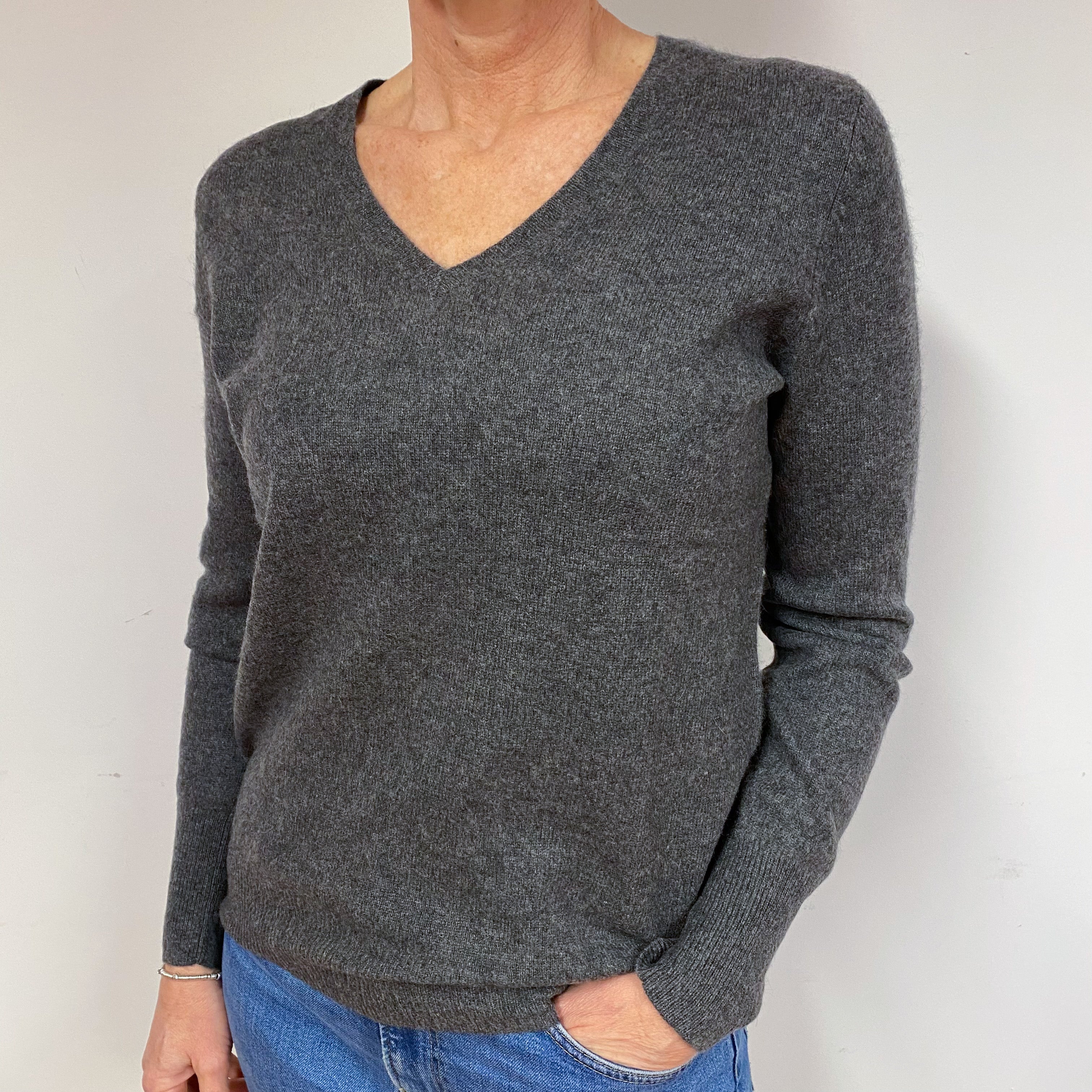 Slate Grey Cashmere V-Neck Jumper Medium