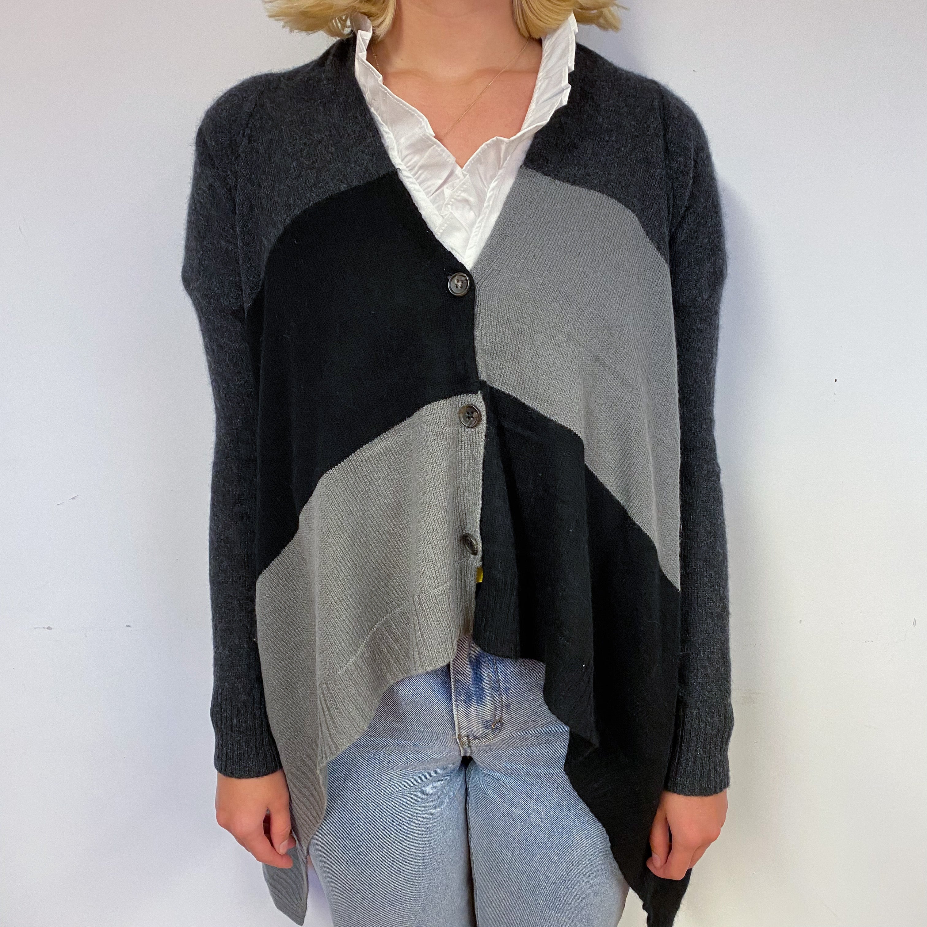 Grey Colour Block Cashmere V-Neck Cardigan Small