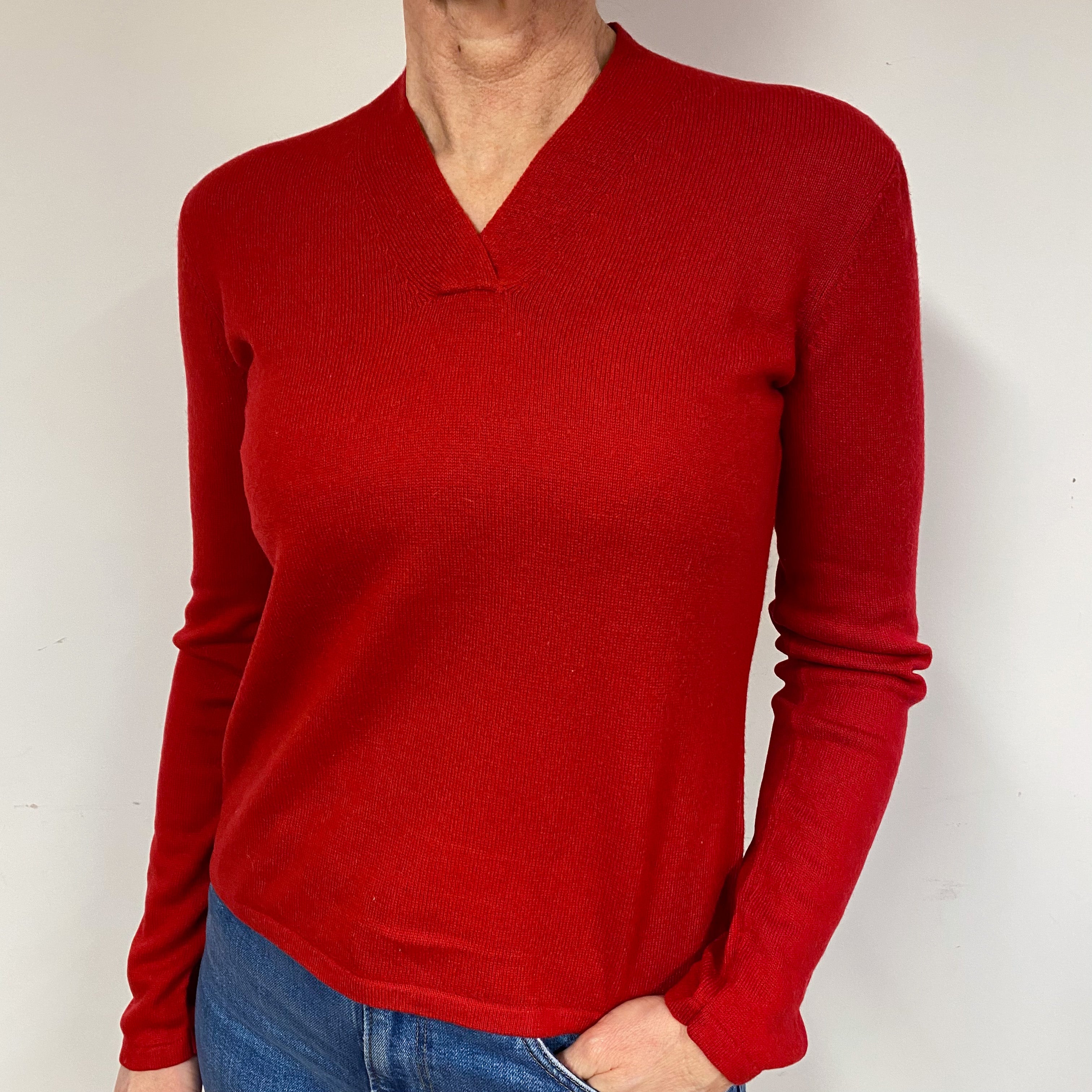 Post Box Red Cashmere V-Neck Jumper Medium