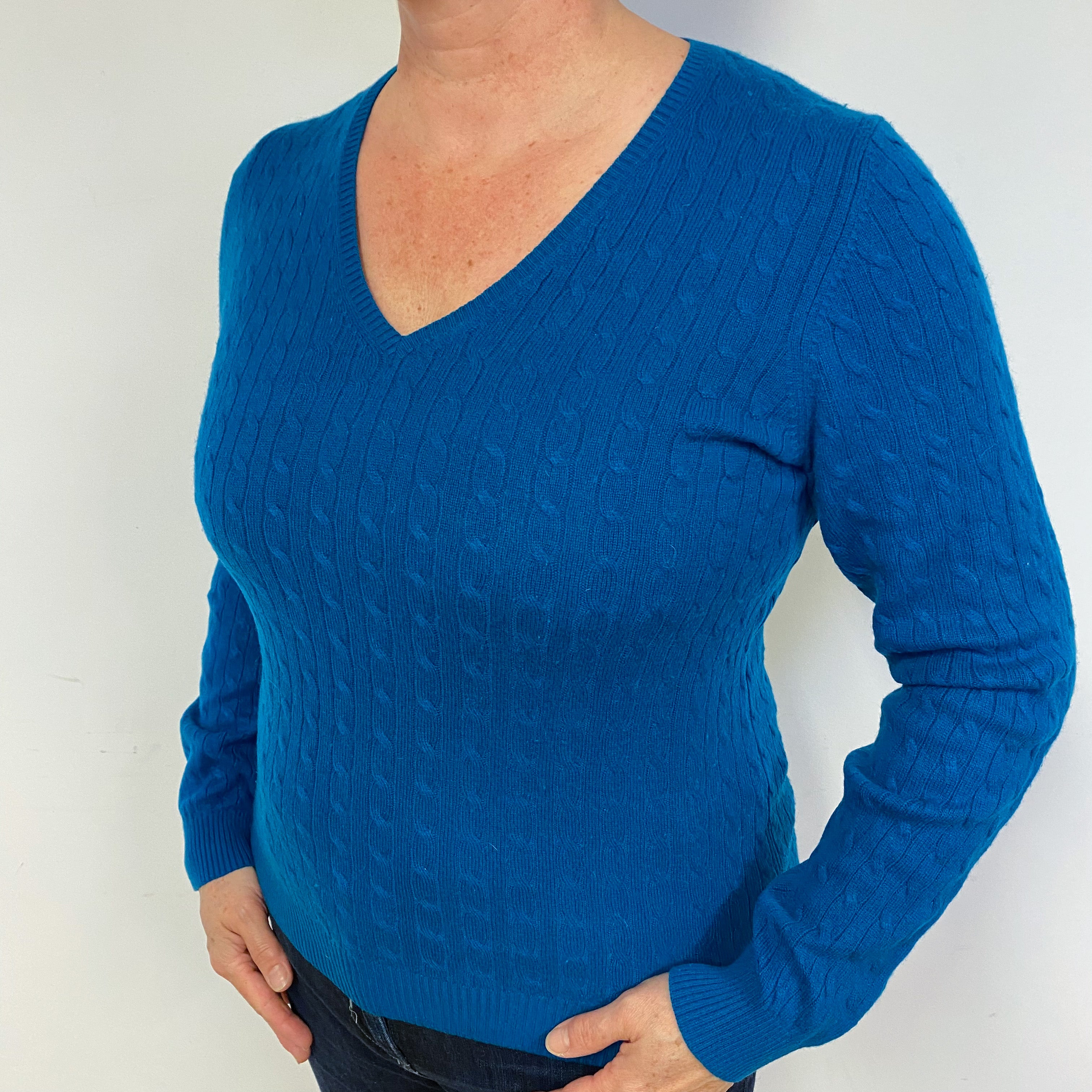 Teal Blue Cable Cashmere V-Neck Jumper Large