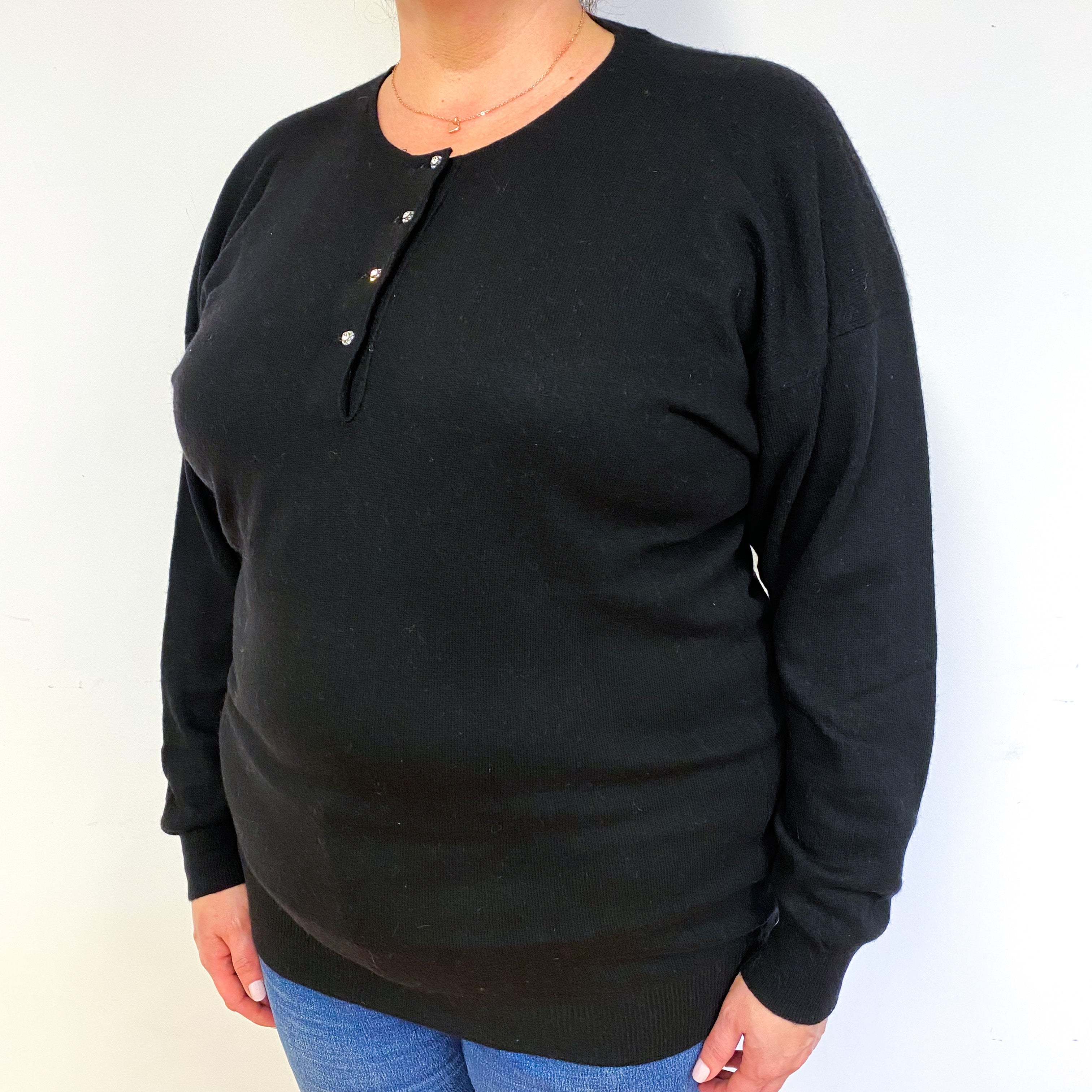 Vintage Black Buttoned Cashmere Crew Neck Jumper Extra Large
