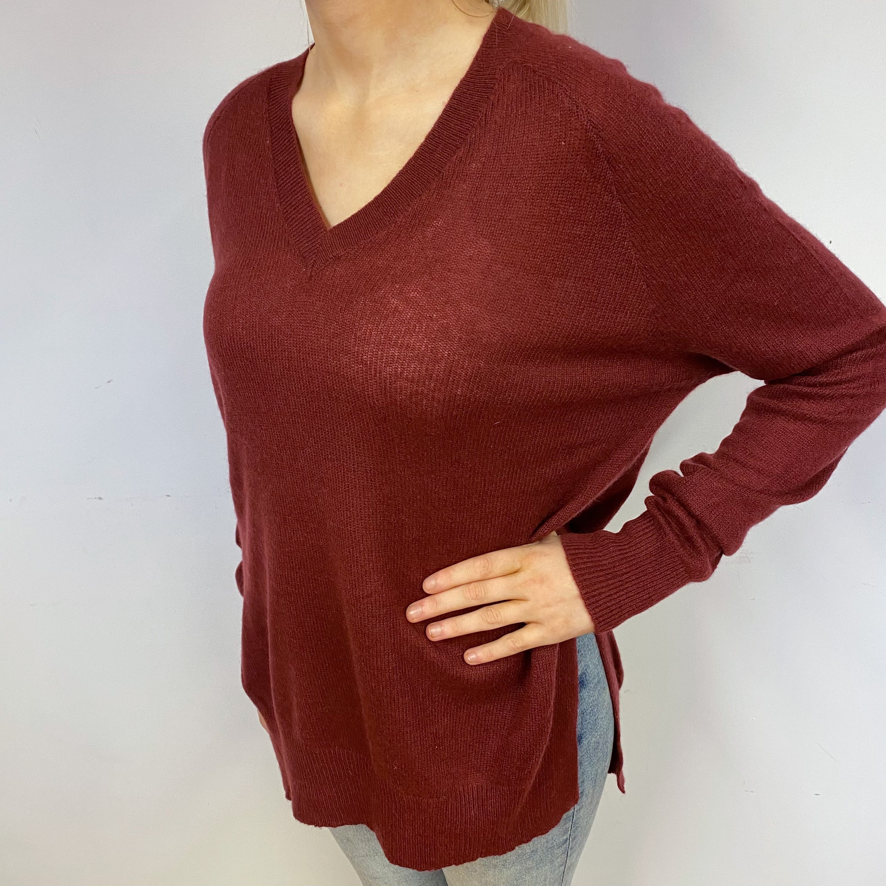 Slouchy Maroon Red Cashmere V-Neck Jumper Small
