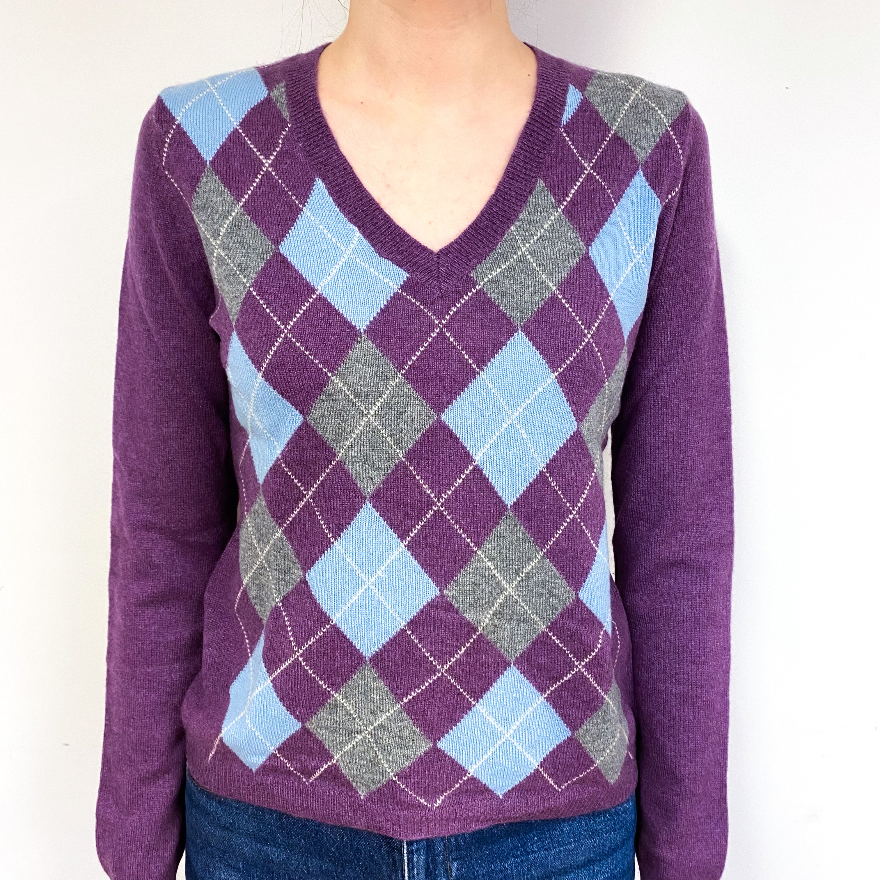 Purple Blue Argyle Cashmere V-Neck Jumper Extra Small