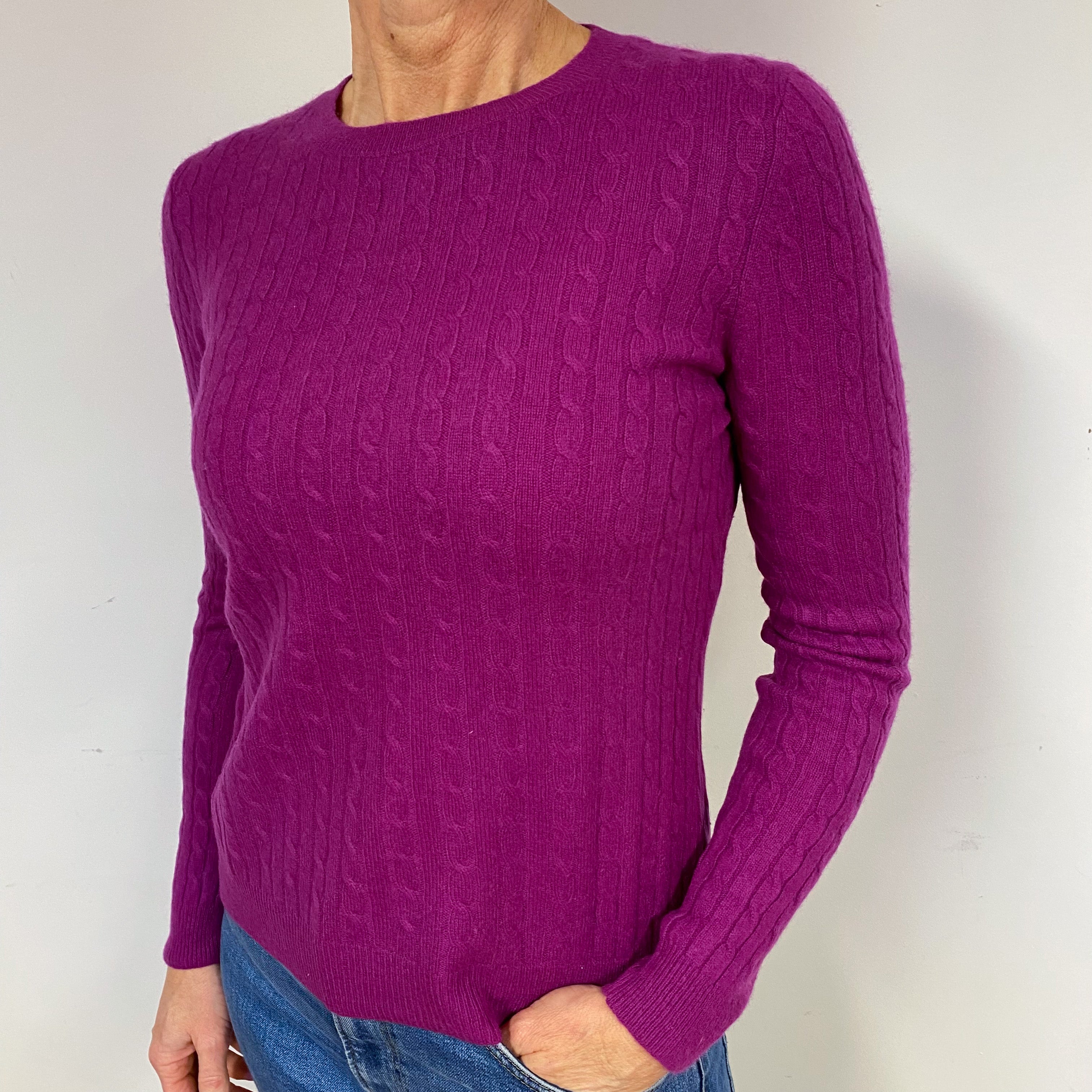 Magenta Pink Cable Cashmere Crew Neck Jumper Medium