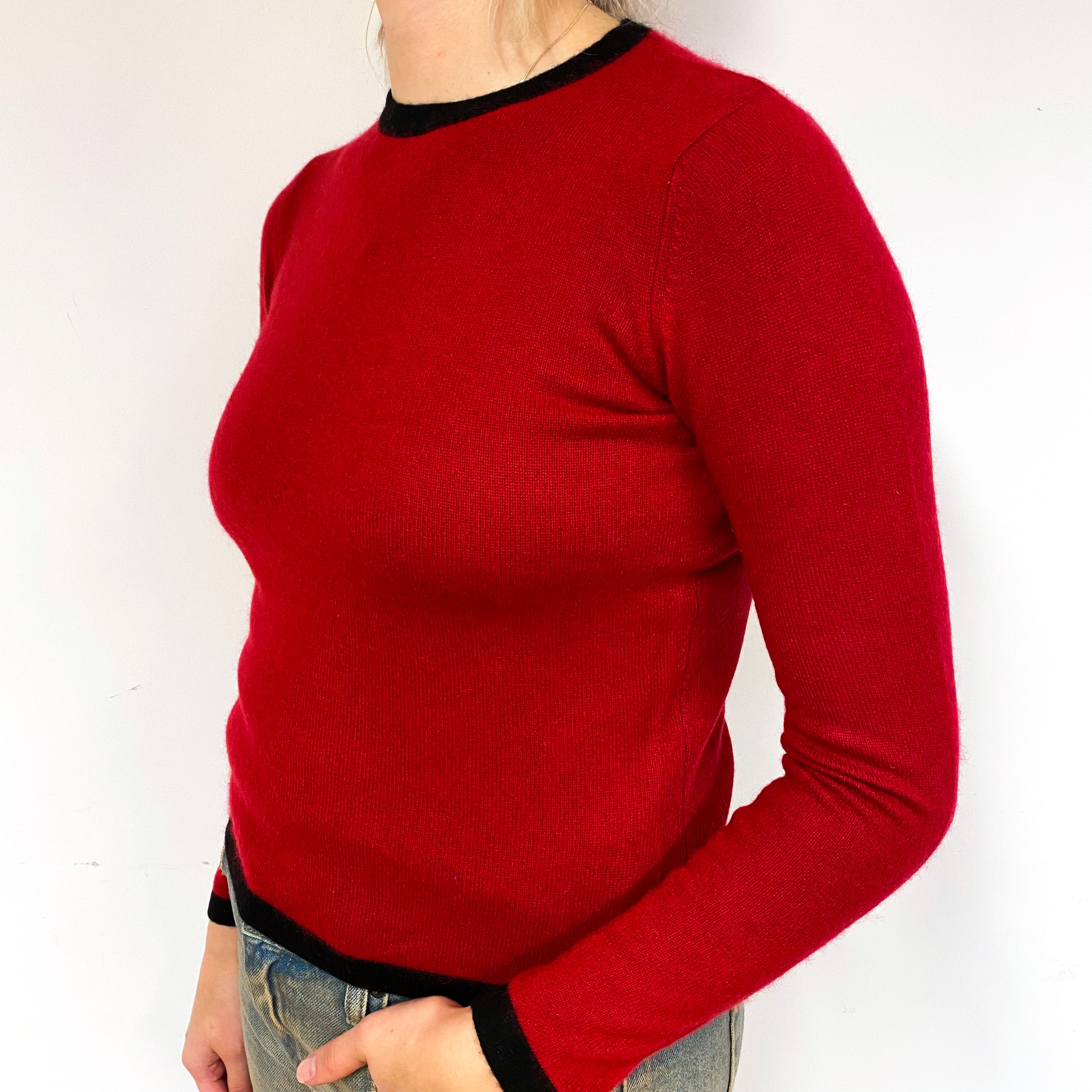 Red Black Trimmed Cashmere Crew Neck Jumper Small