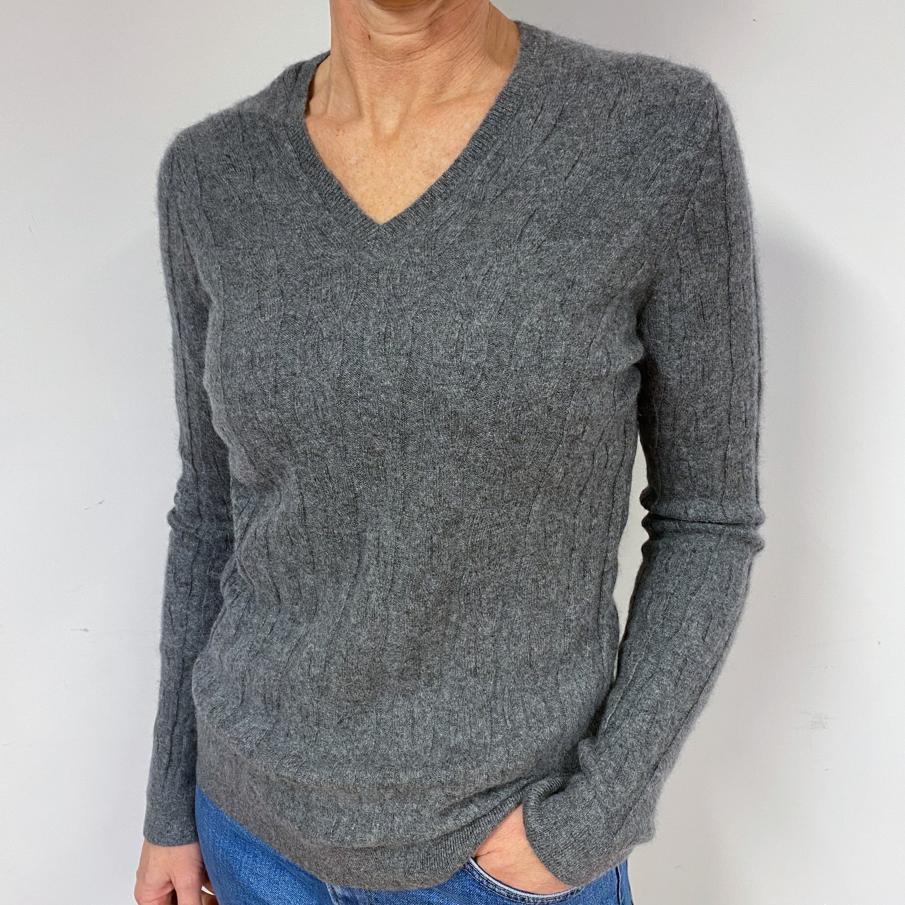 Slate Grey Cable Cashmere V-Neck Jumper Medium