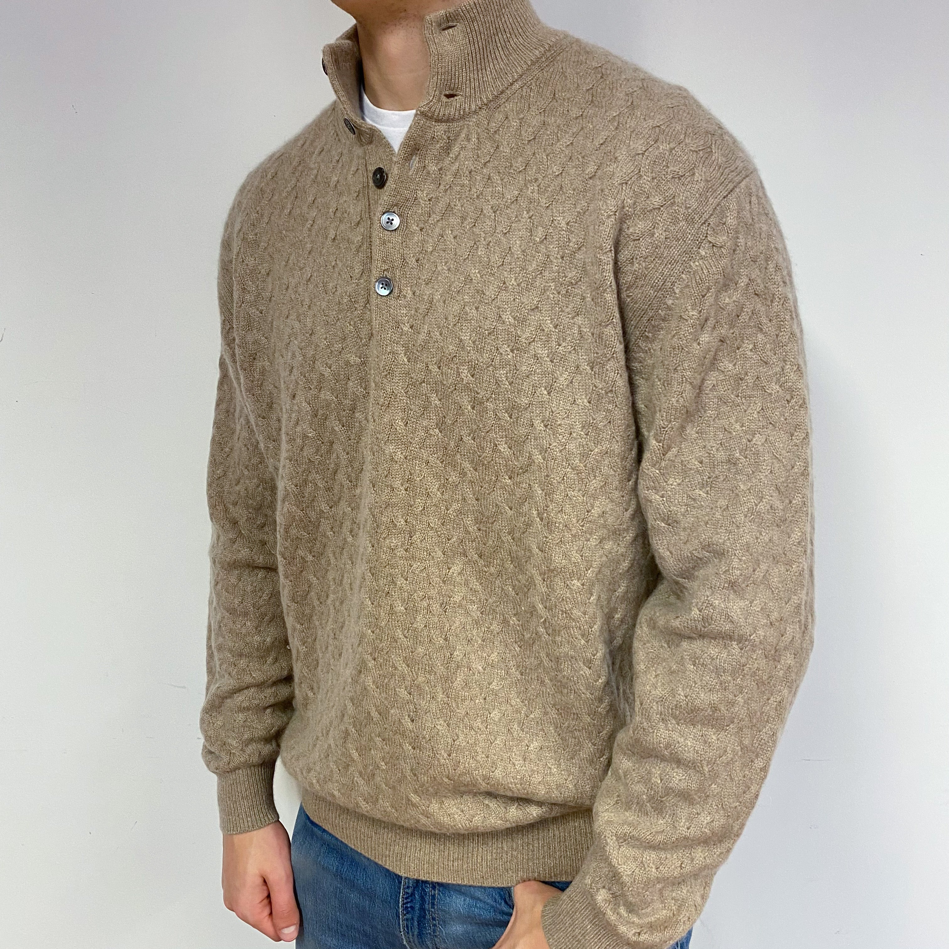 Men's Taupe Luxury Cable Cashmere Button Neck Jumper XL