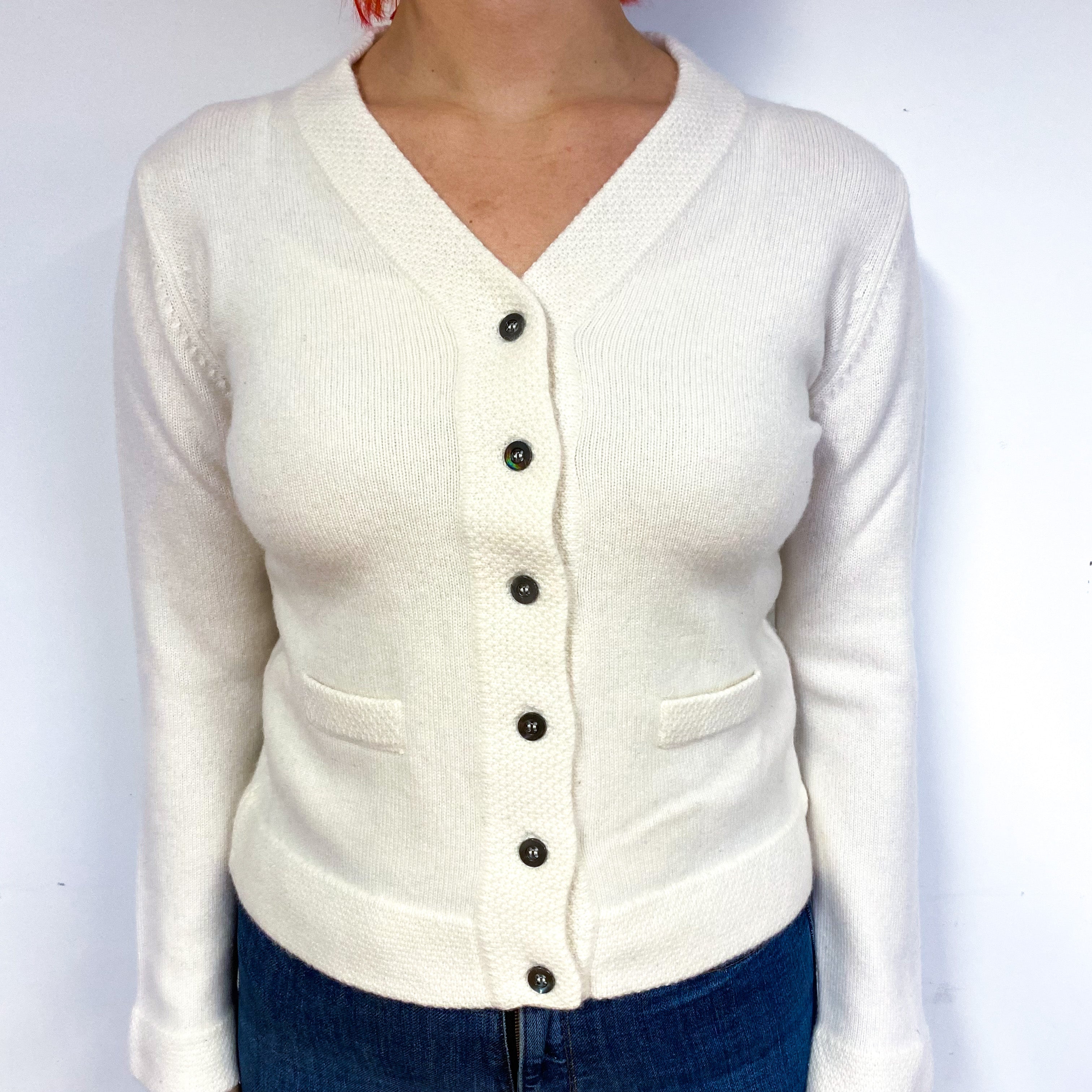Cream Heavy Knit Cashmere V-Neck Cardigan Small