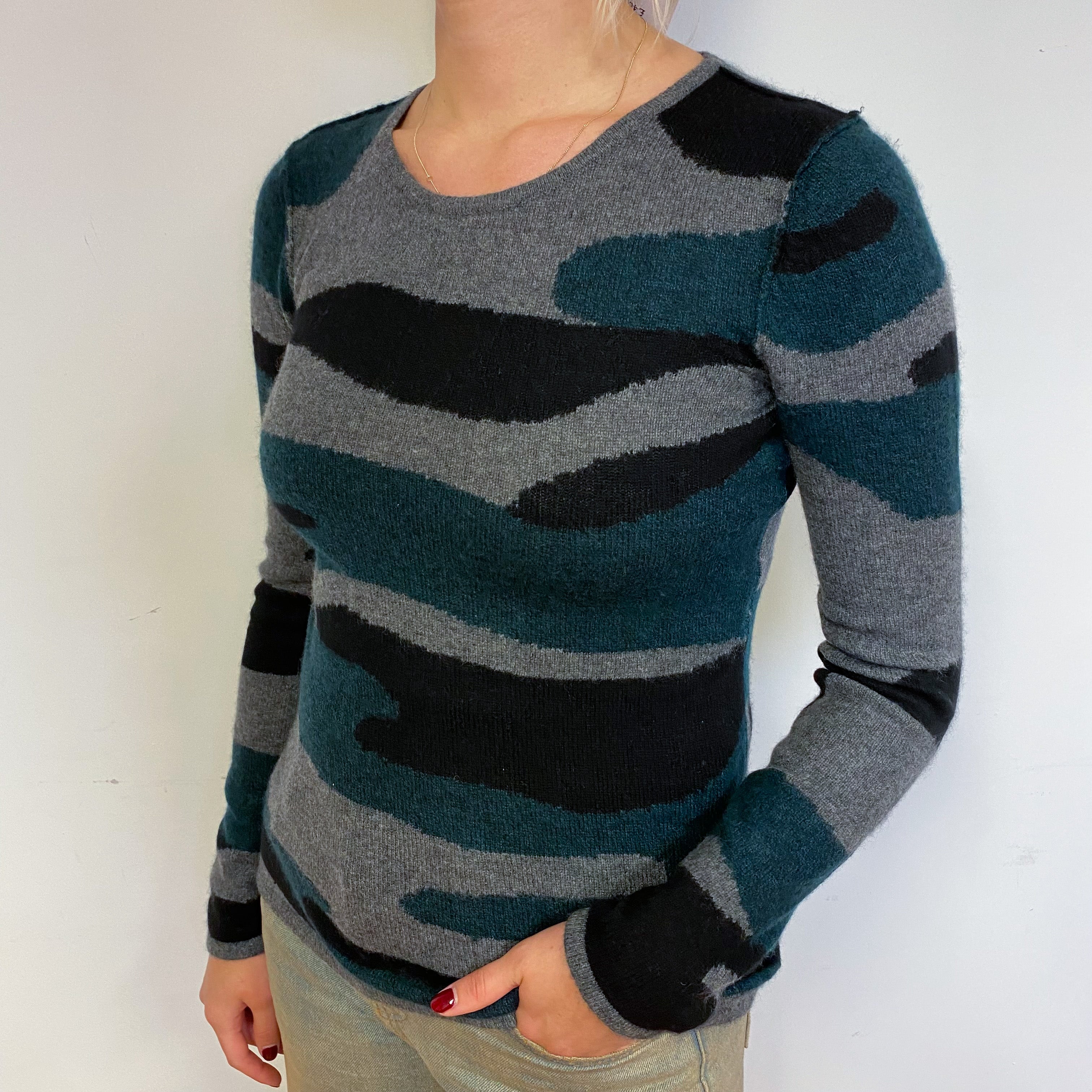 Grey Camouflage Cashmere Crew Neck Jumper Small