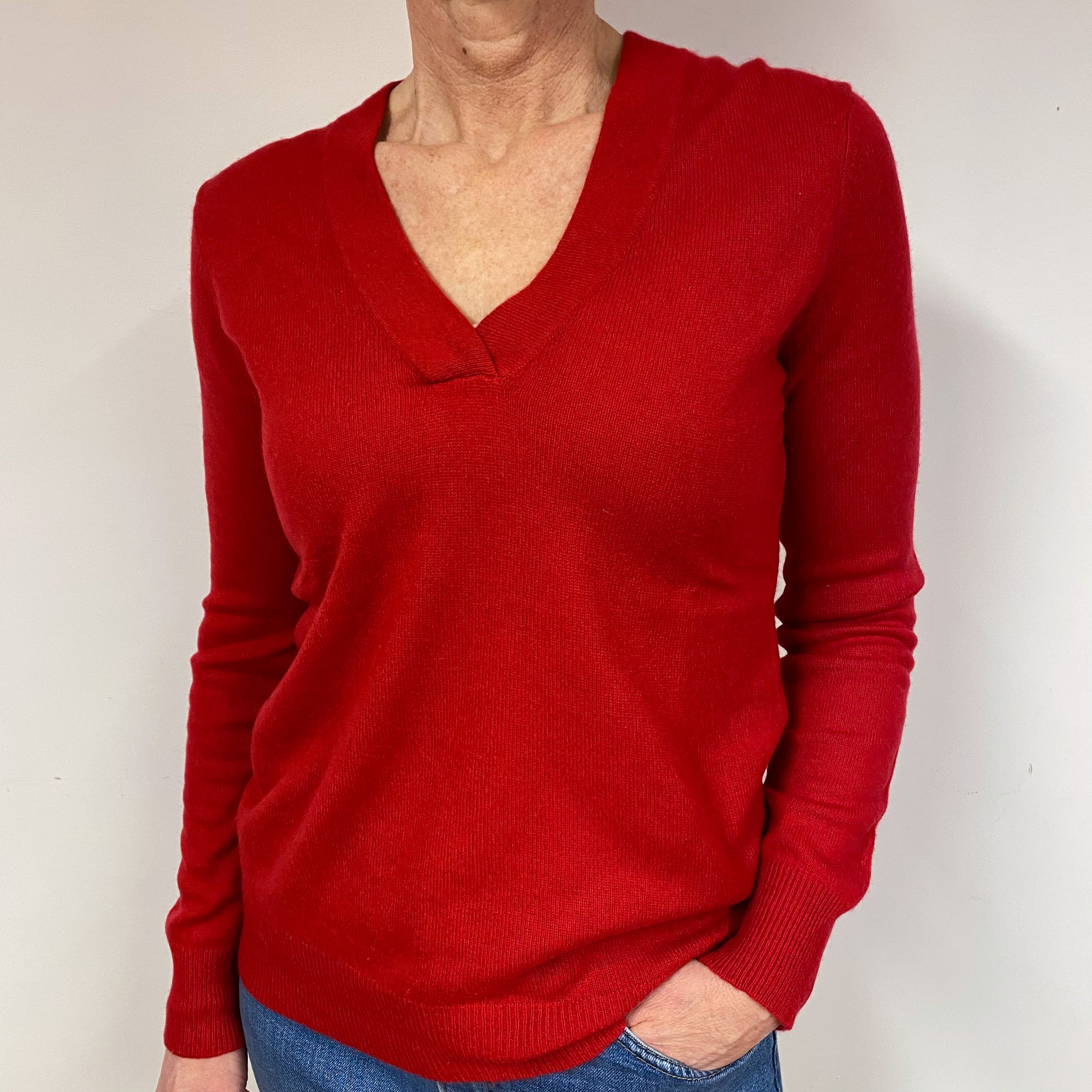 Red Cashmere V-Neck Jumper Medium