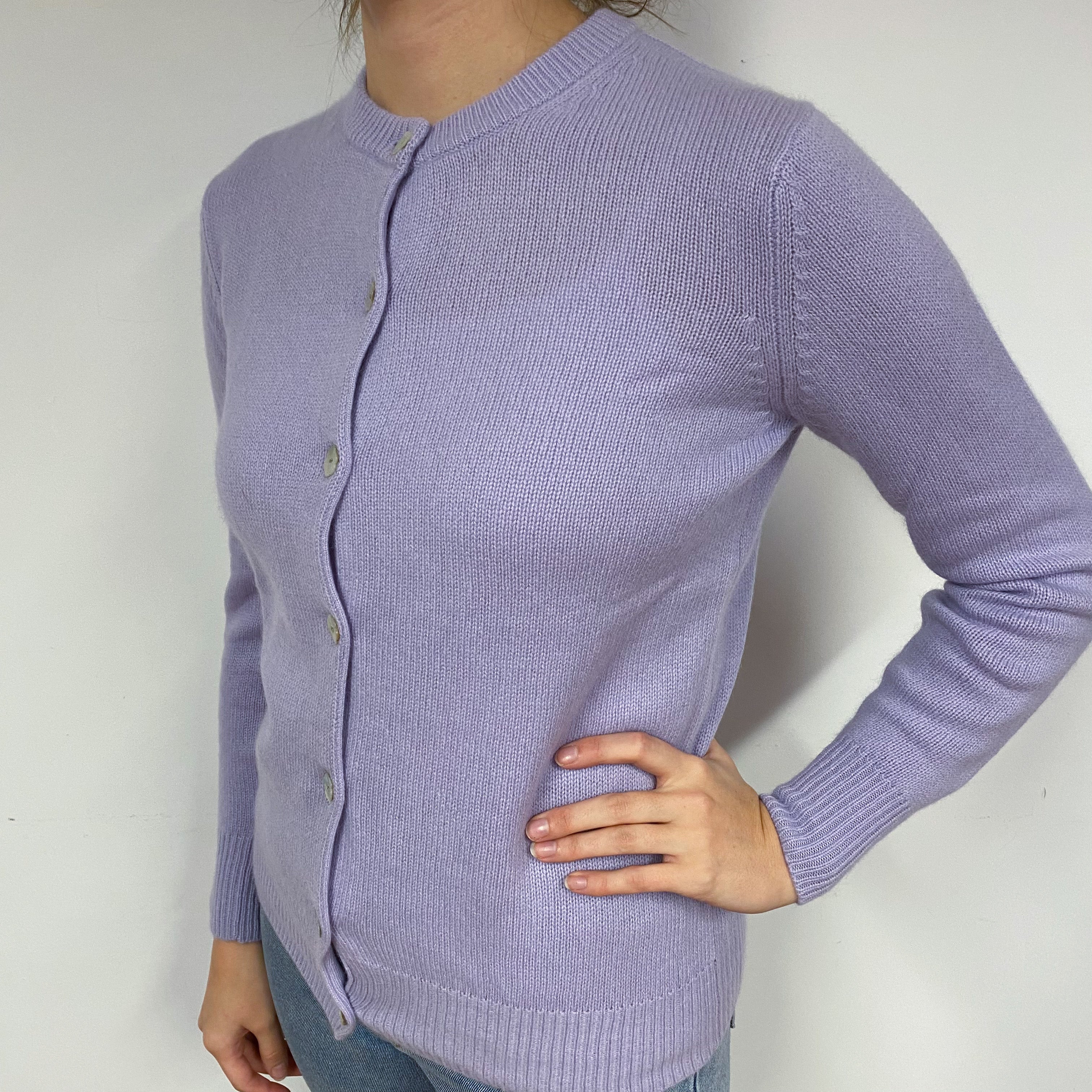 Scottish Lilac Purple Cashmere Crew Neck Cardigan Small