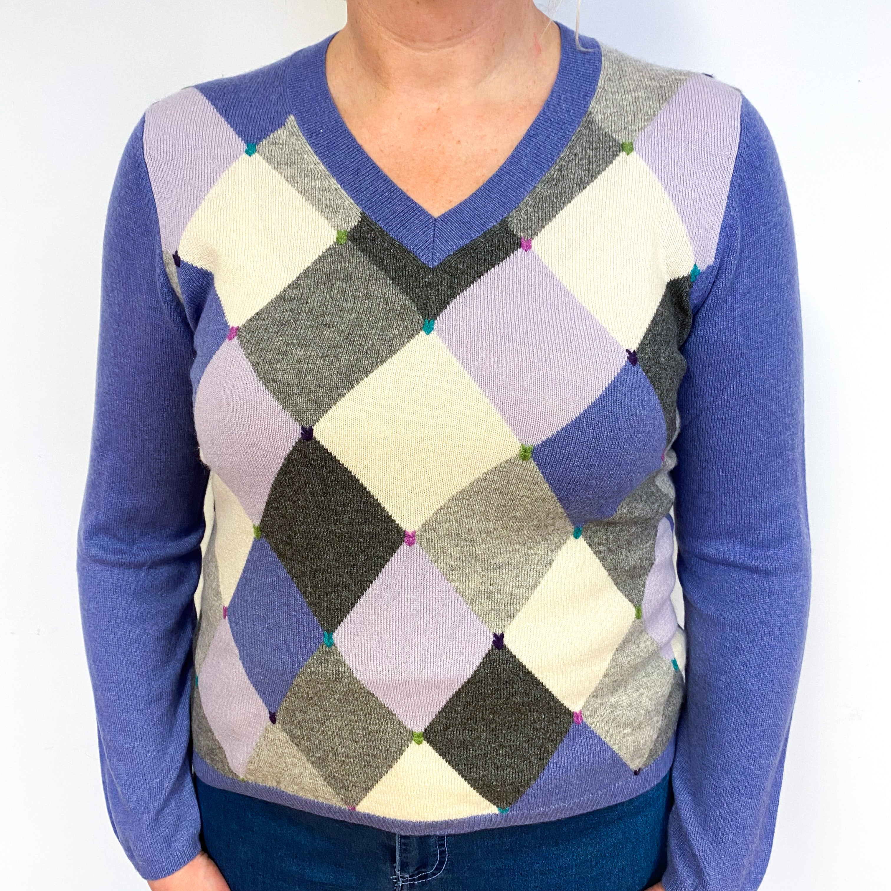 Purple Grey Diamond Cashmere V-Neck Jumper Large