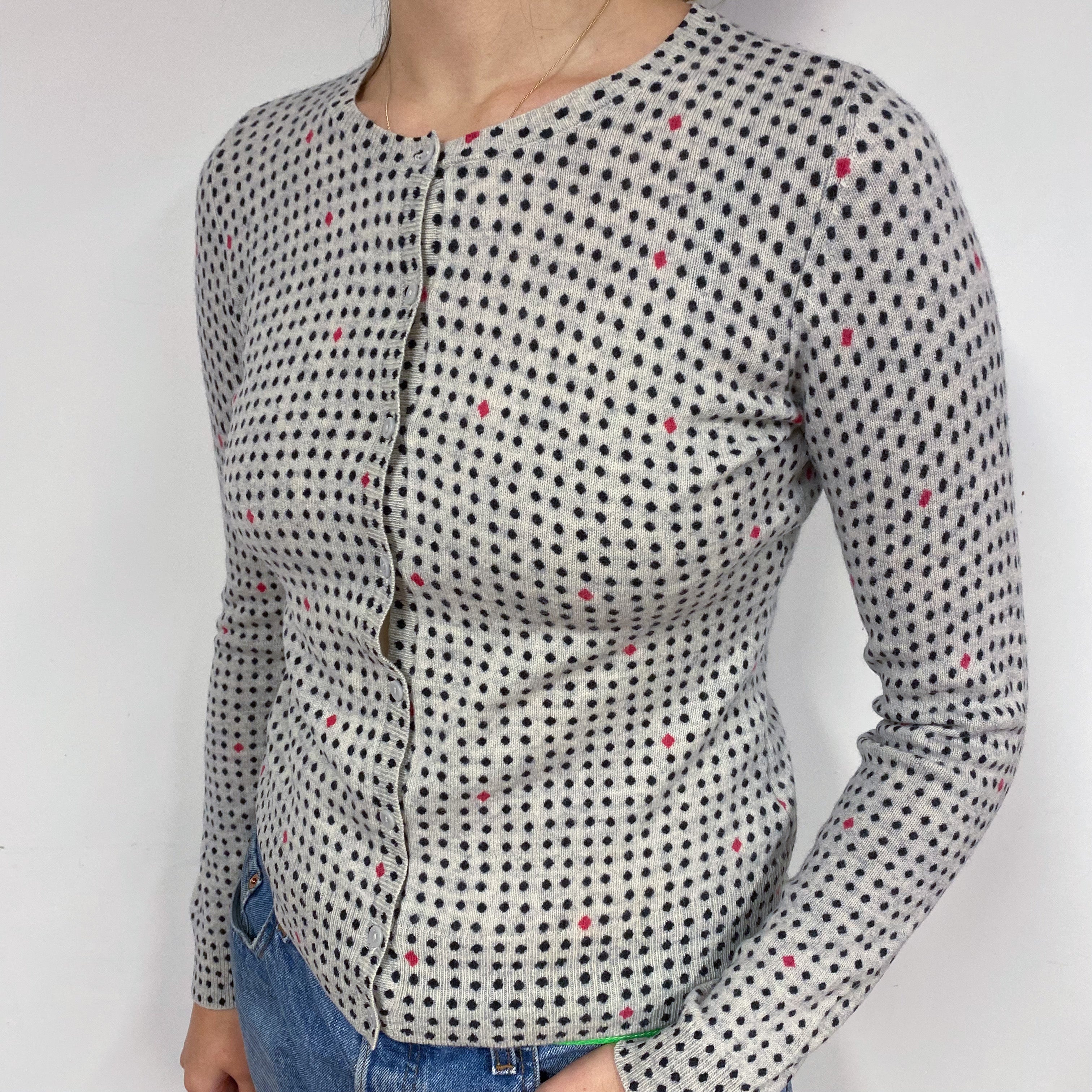 Smoke Grey Dotty Cashmere Crew Neck Cardigan Small