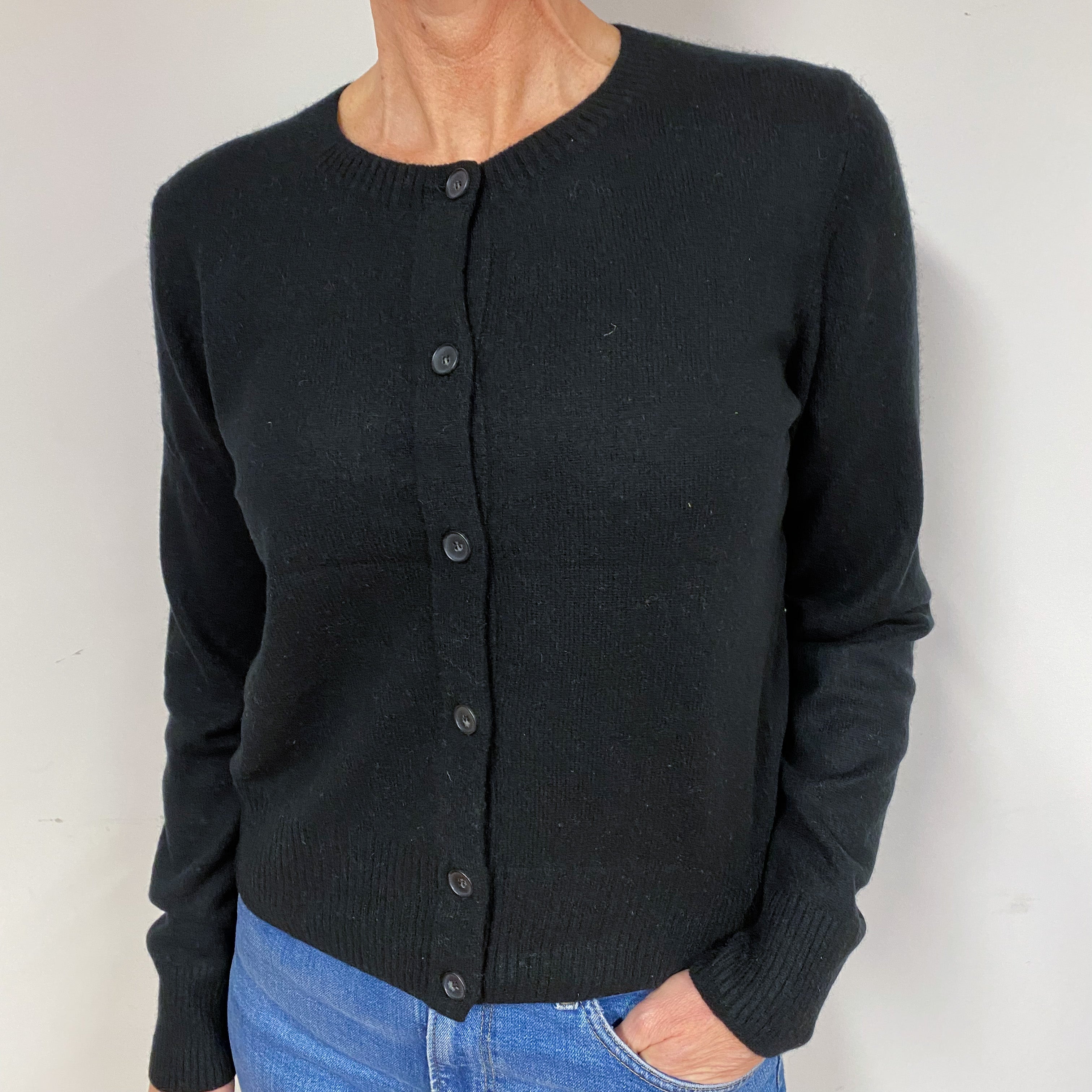 Black Cashmere Crew Neck Cardigan Medium