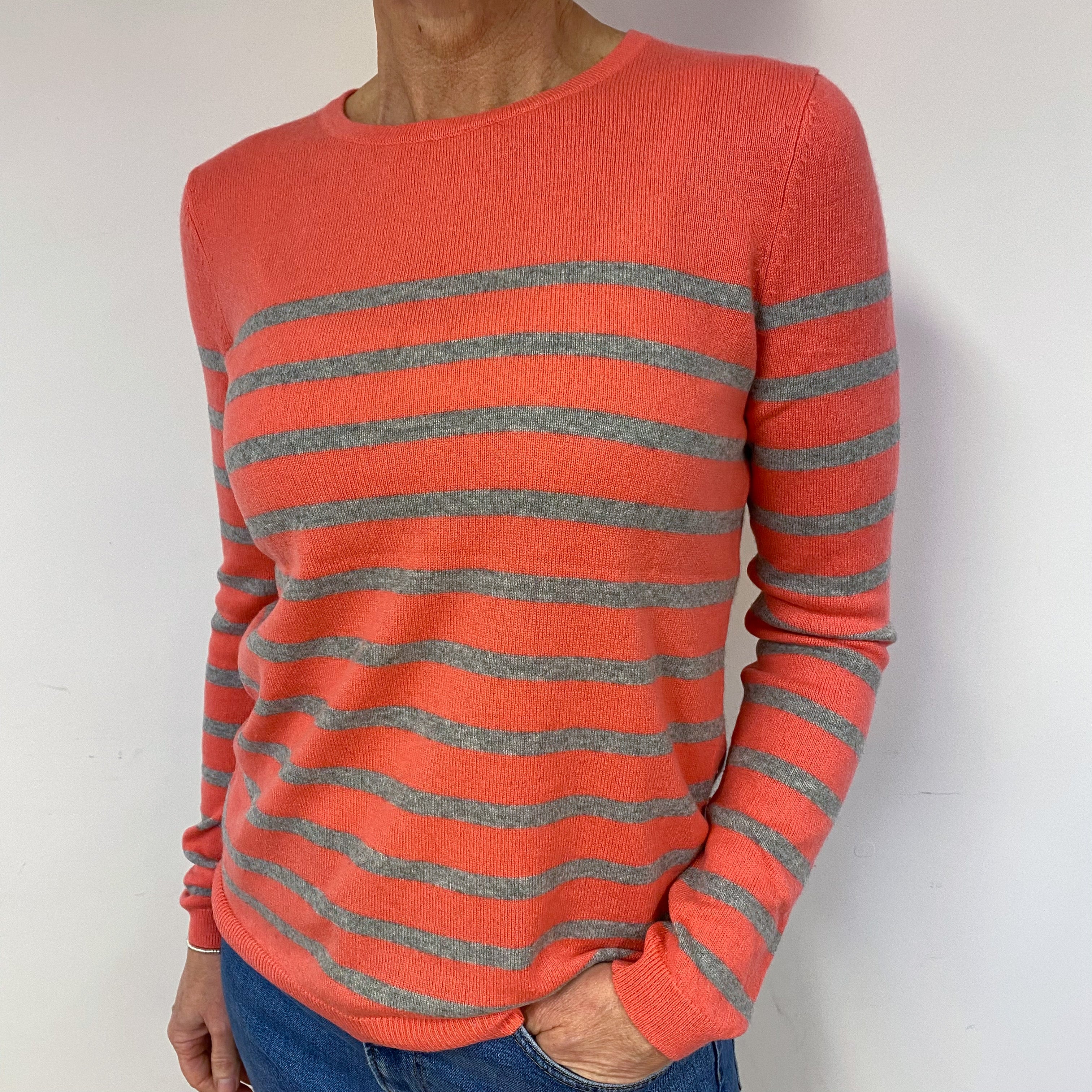 Coral and Grey Stripe Cashmere Crew Neck Jumper Medium