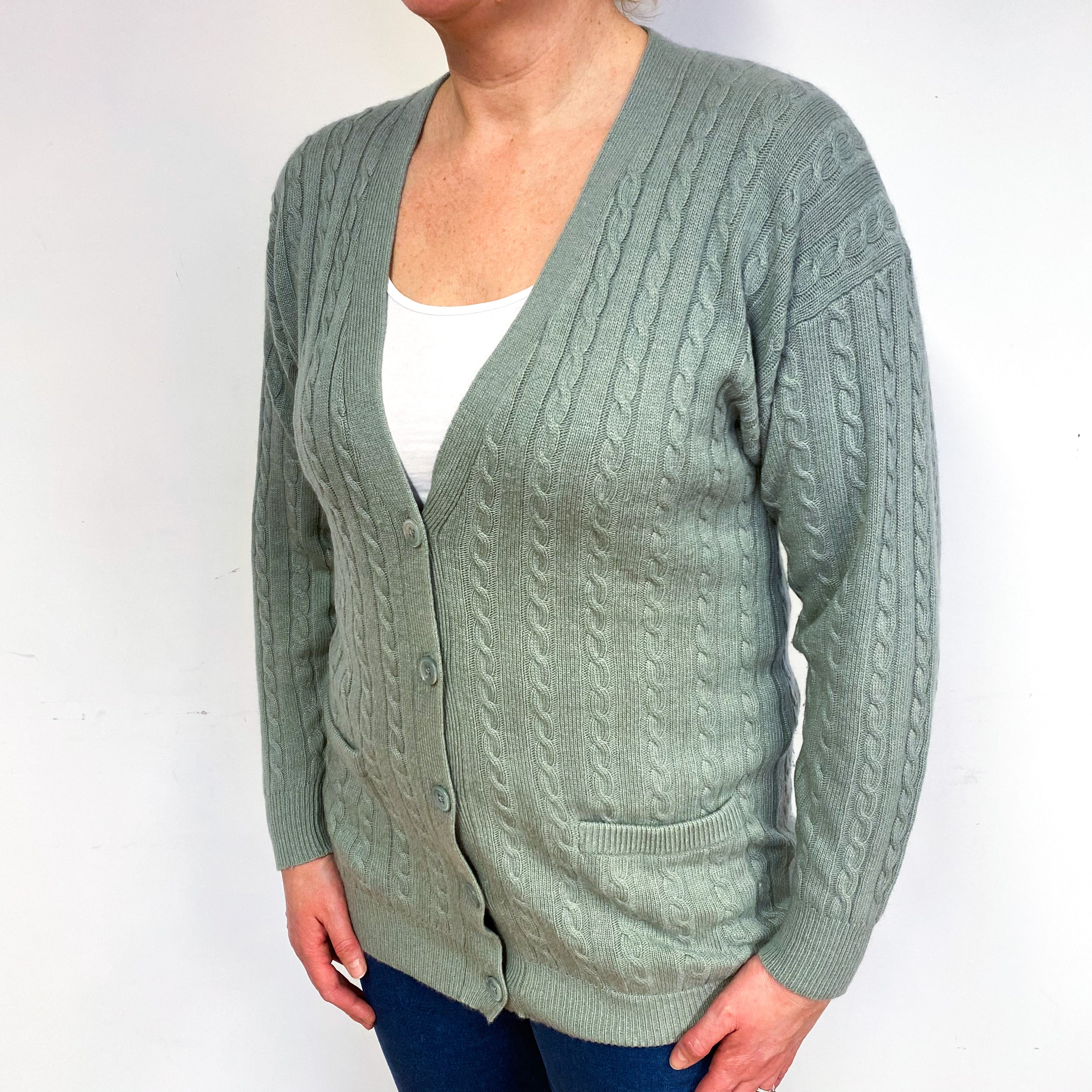 Muted Green Cable Cashmere V-Neck Cardigan Large
