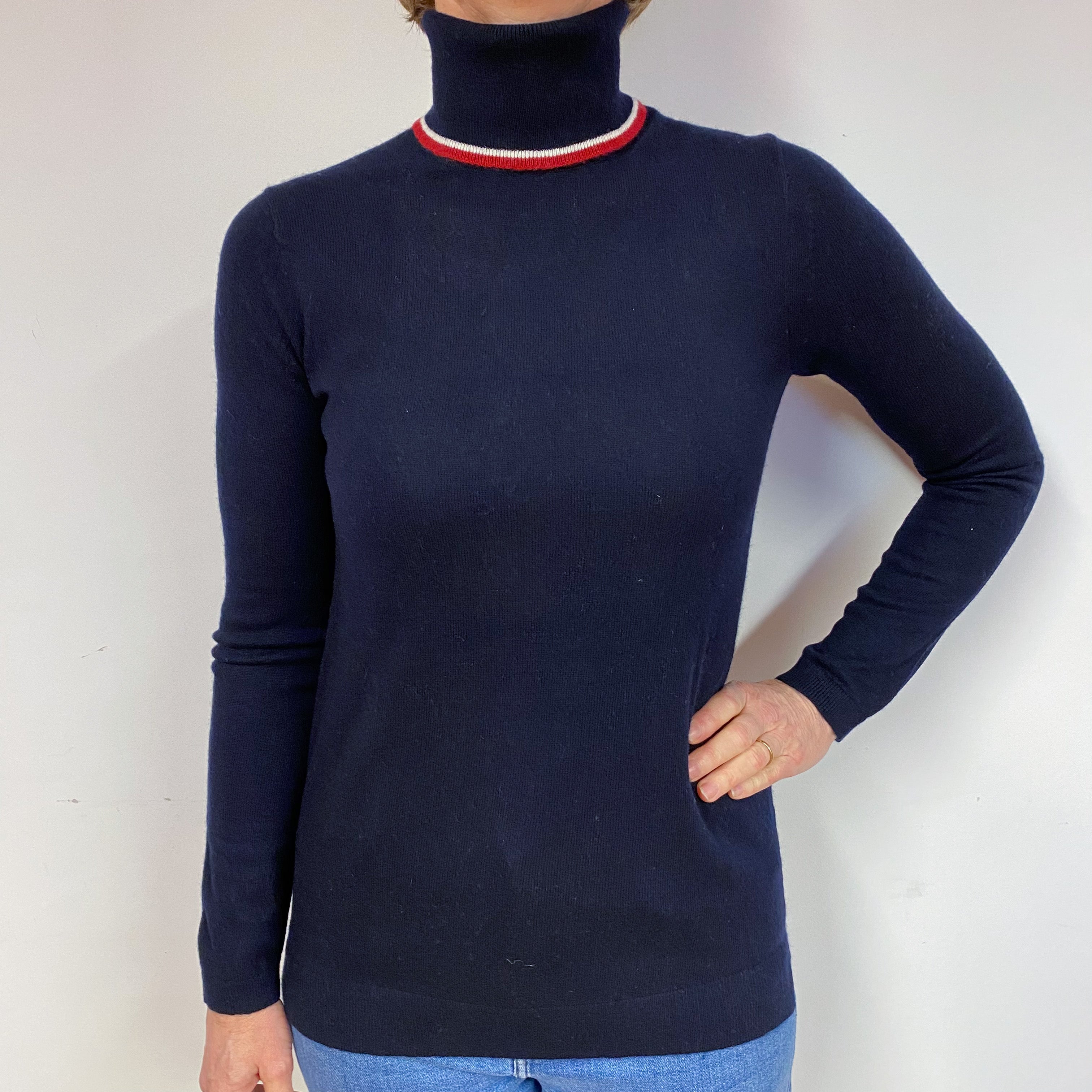Dark Navy Blue Cashmere Polo Neck Jumper Medium