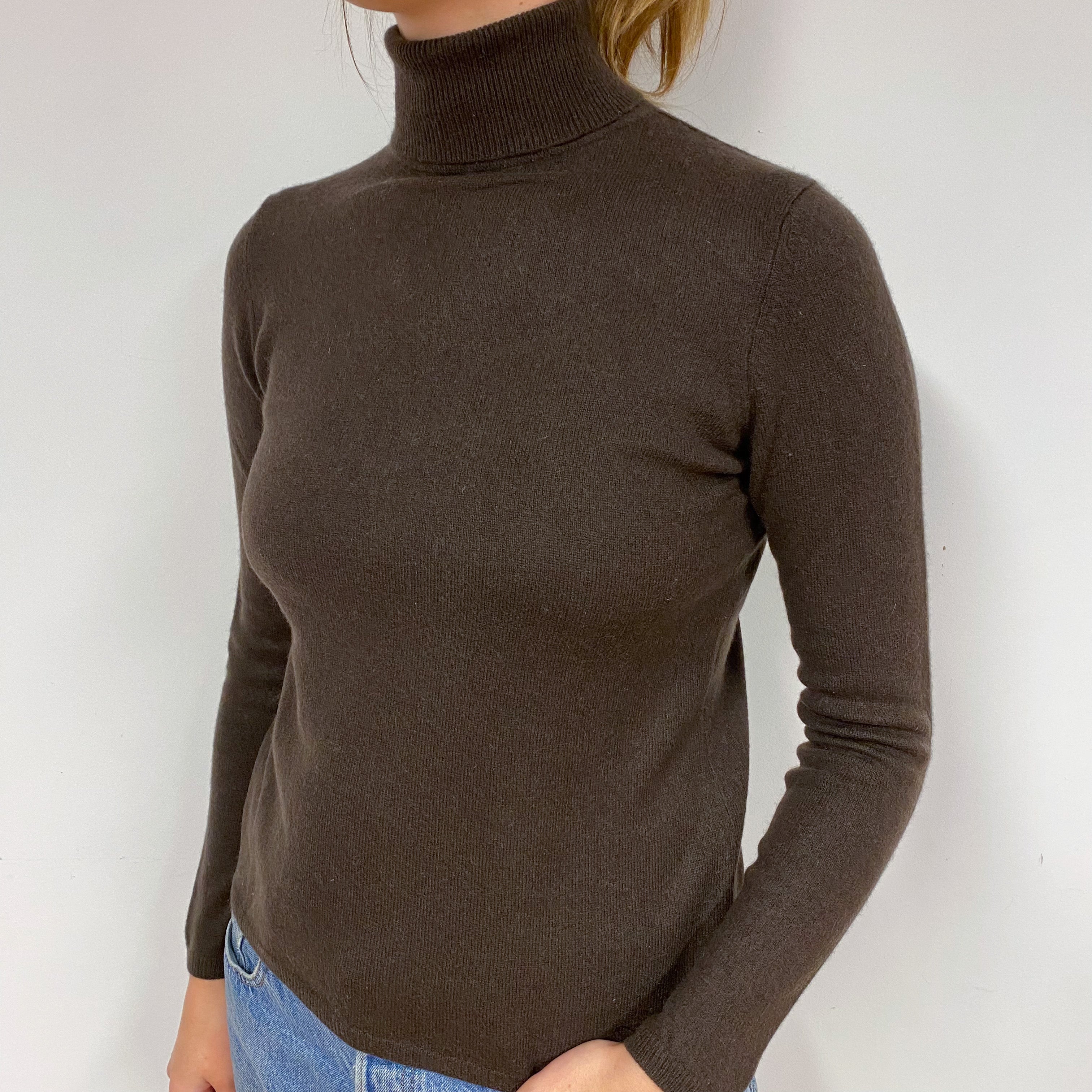 Chocolate Brown Cashmere Polo Neck Jumper Small