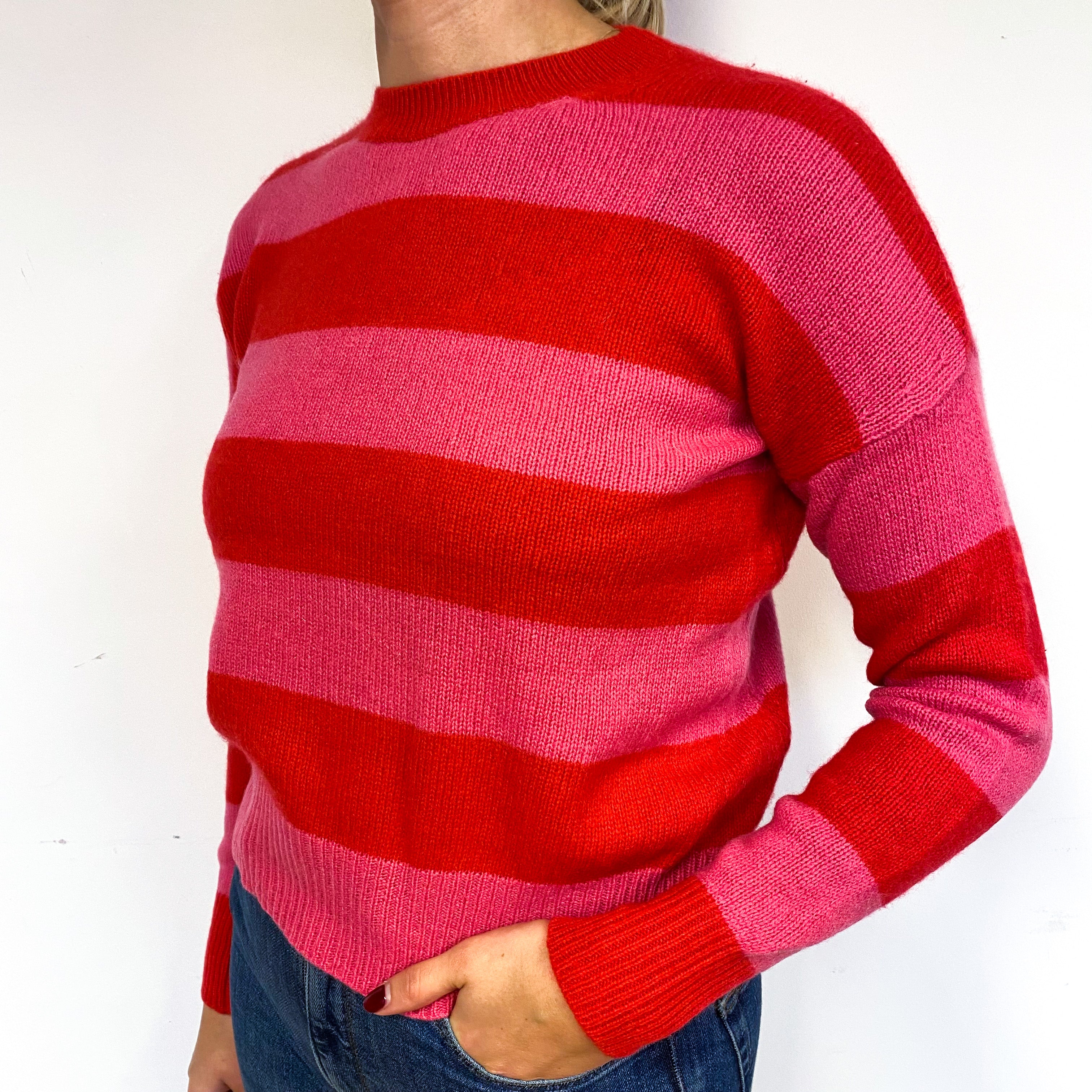 Red Pink Stripe Cashmere Crew Neck Jumper Small