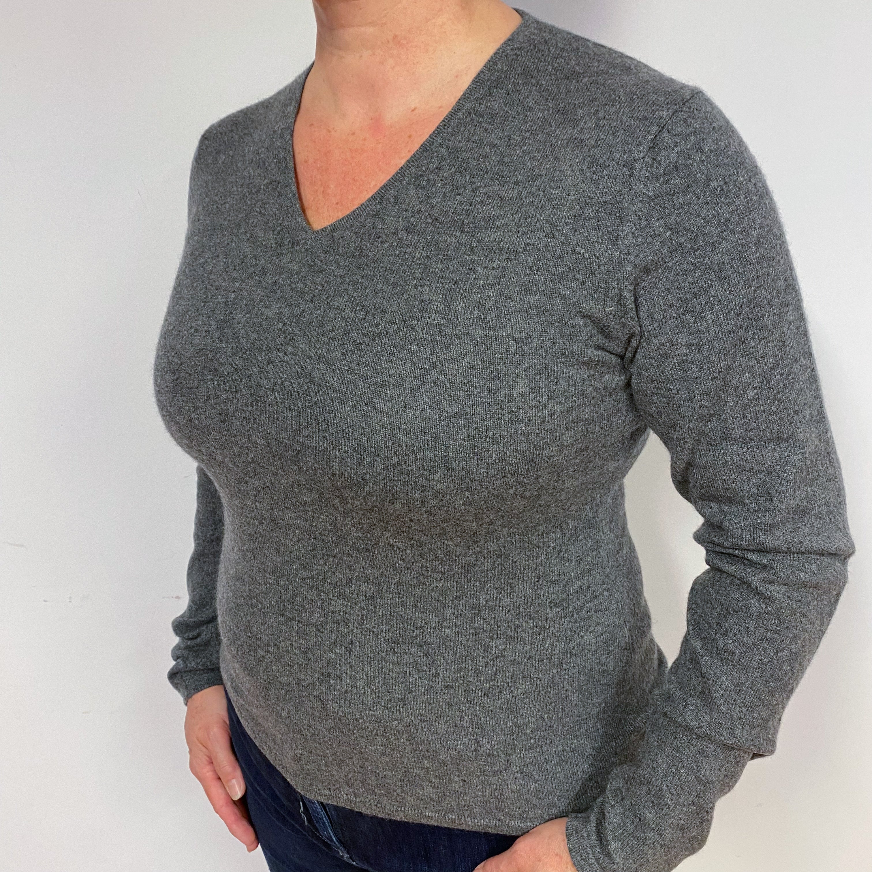 Slate Grey Cashmere V-Neck Jumper Large