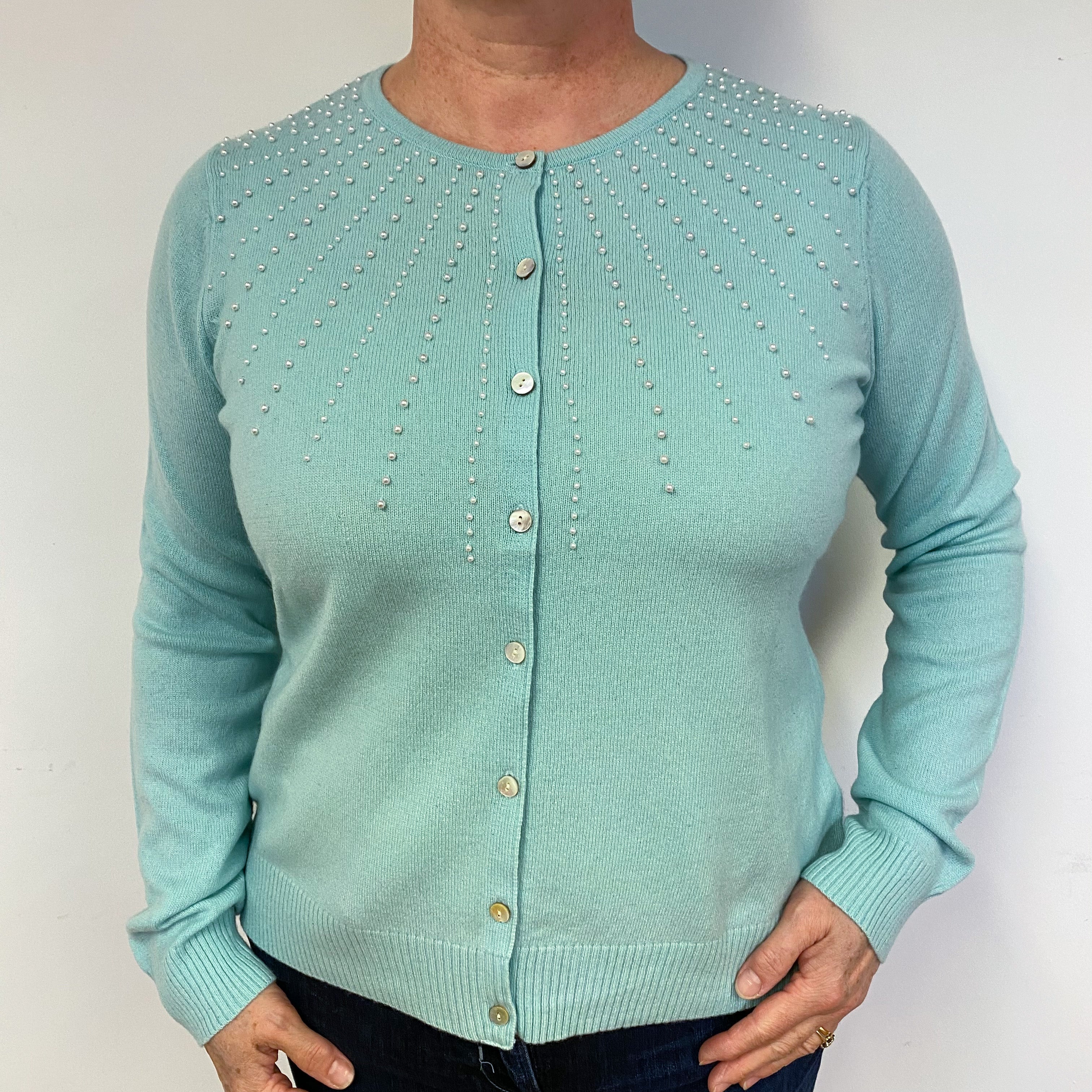Mint Green Cashmere Crew Neck Cardigan Large.