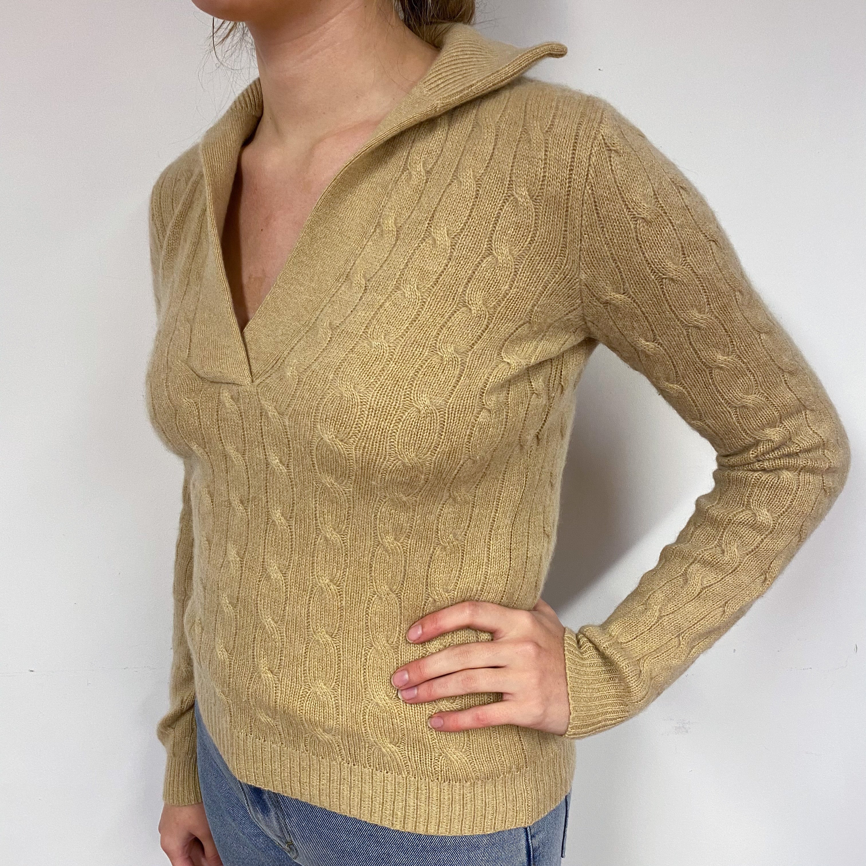 Ralph Lauren Caramel Cable Cashmere V-Neck Jumper Small