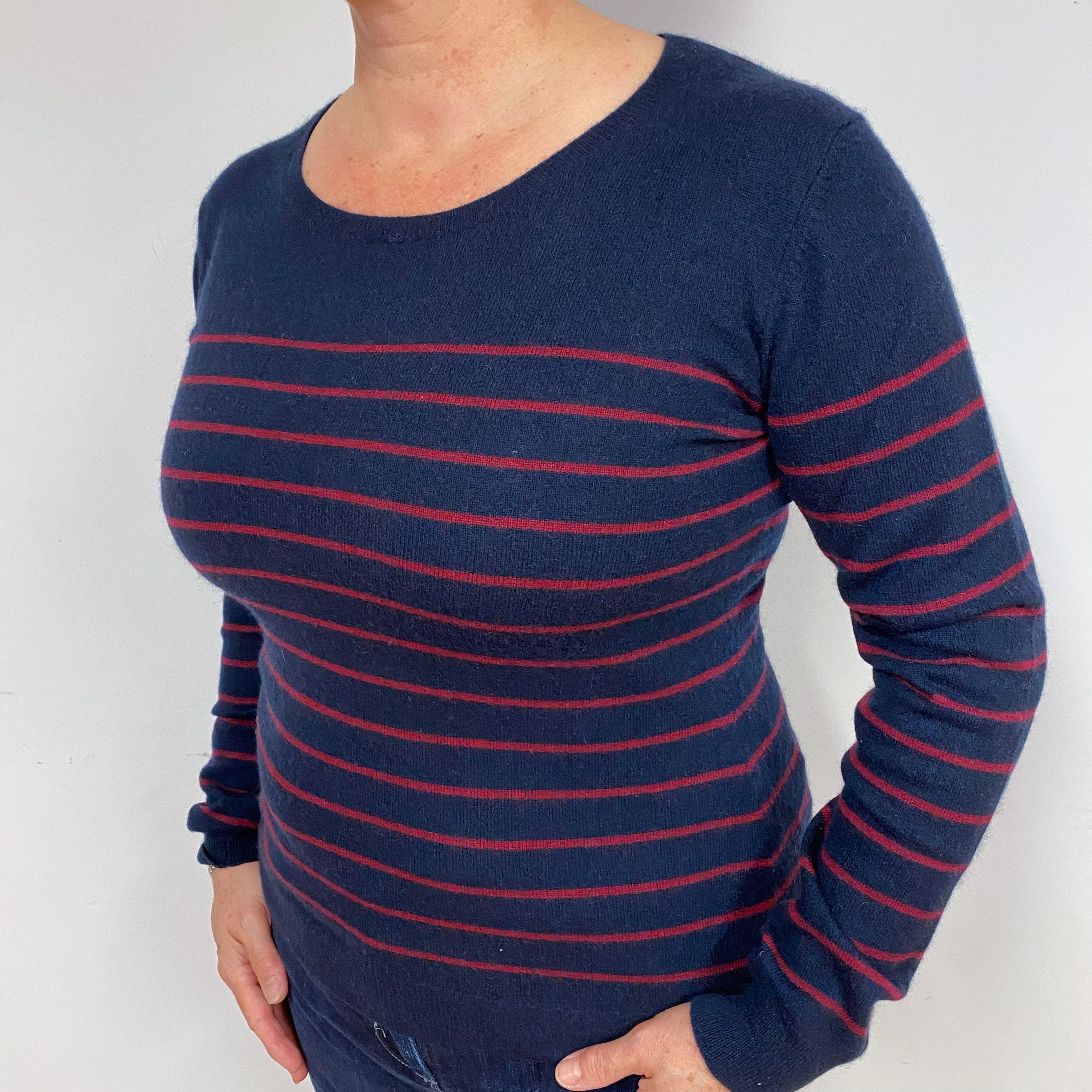 Navy Burgundy Stripe Cashmere Crew Neck Jumper Large