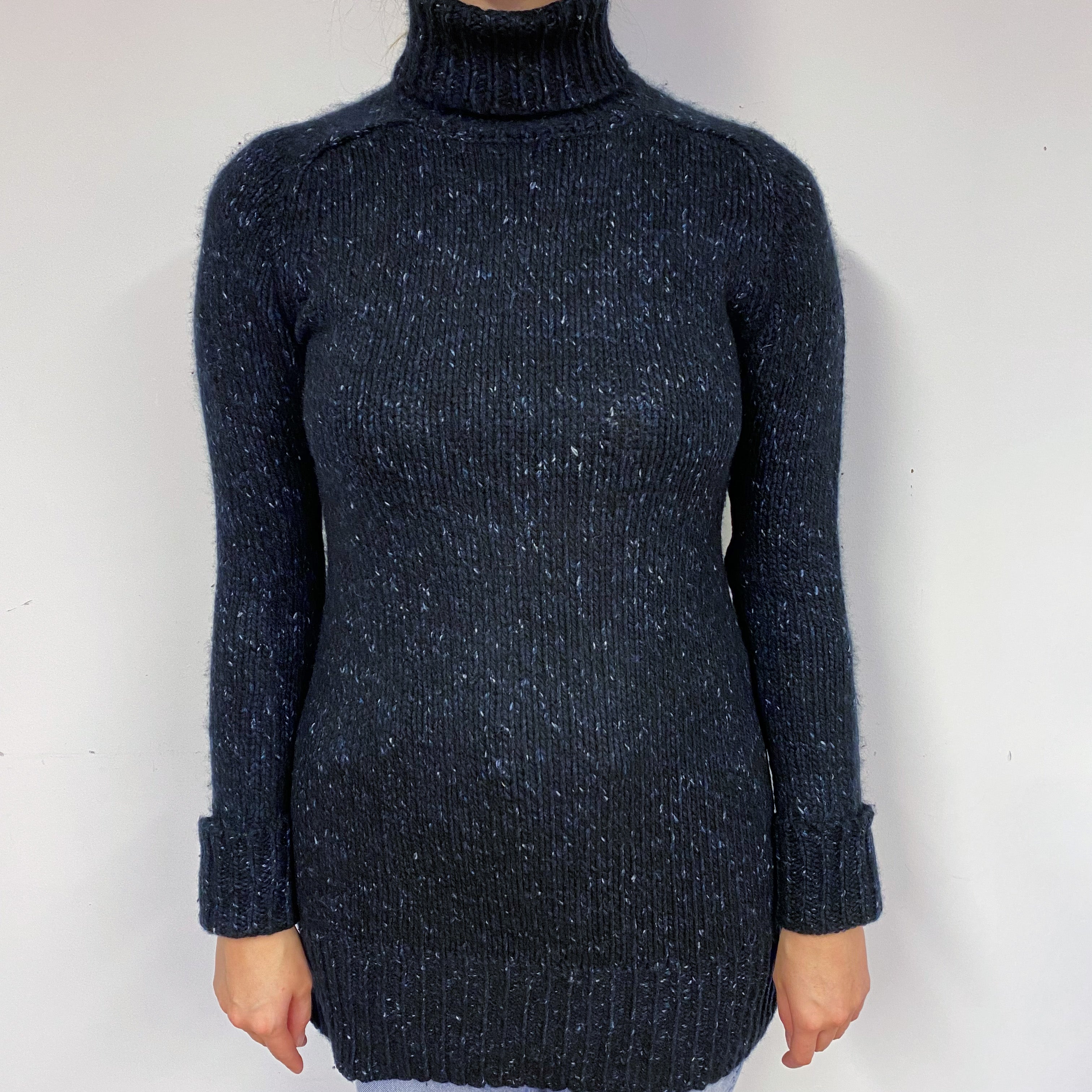 Chunky Black Marl Cashmere Polo Neck Jumper Small