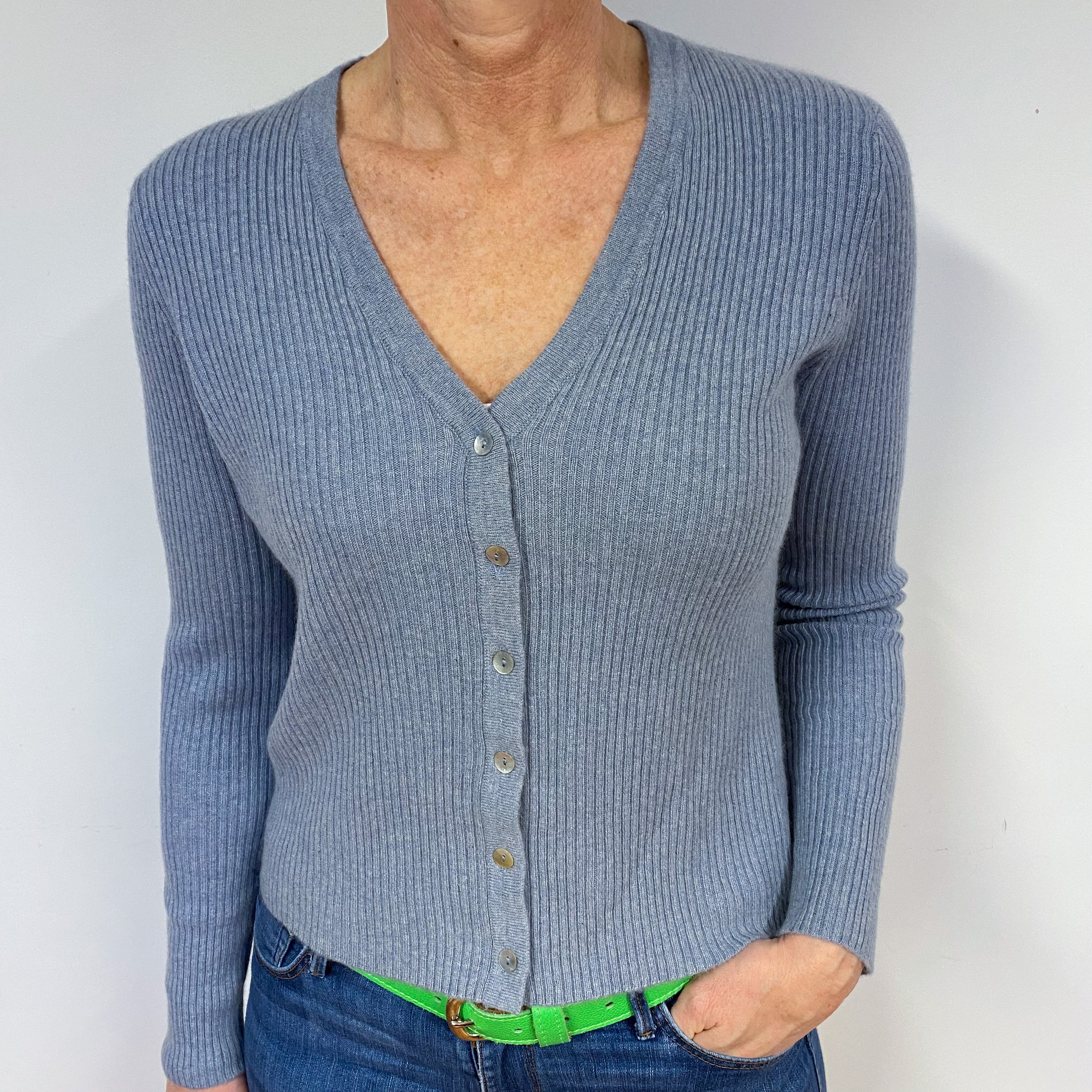 Steel Grey Ribbed Cashmere V-Neck Cardigan Medium