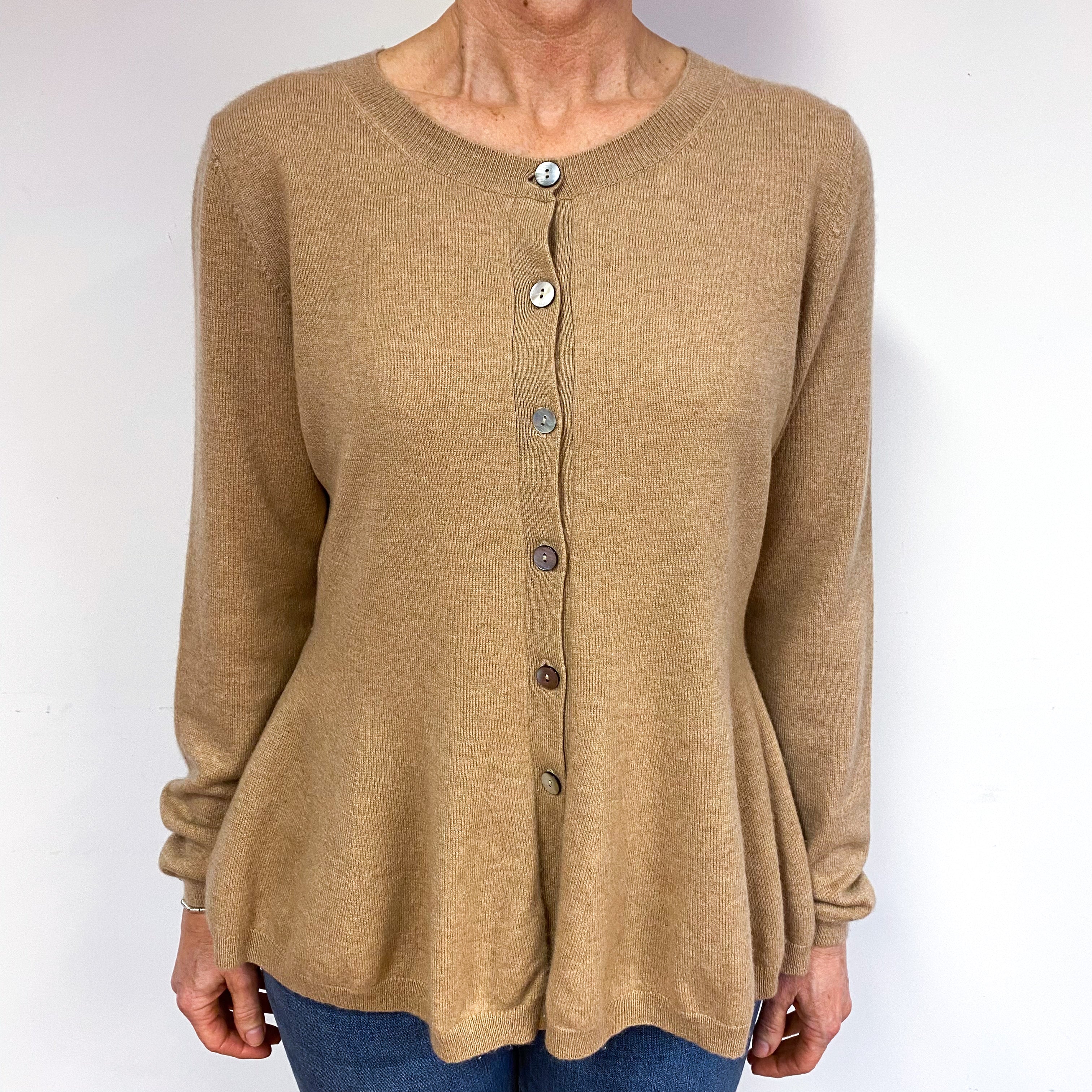 Camel Brown Peplum Cashmere Crew Neck Cardigan Medium
